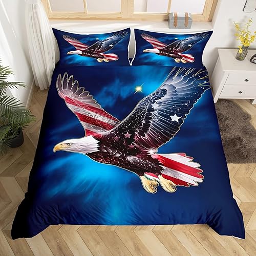 Miniatura 1 de Juego de ropa de cama con diseño de águila calva, funda de edredón de bandera estadounidense para niños, estrellas y rayas, animales de Estados