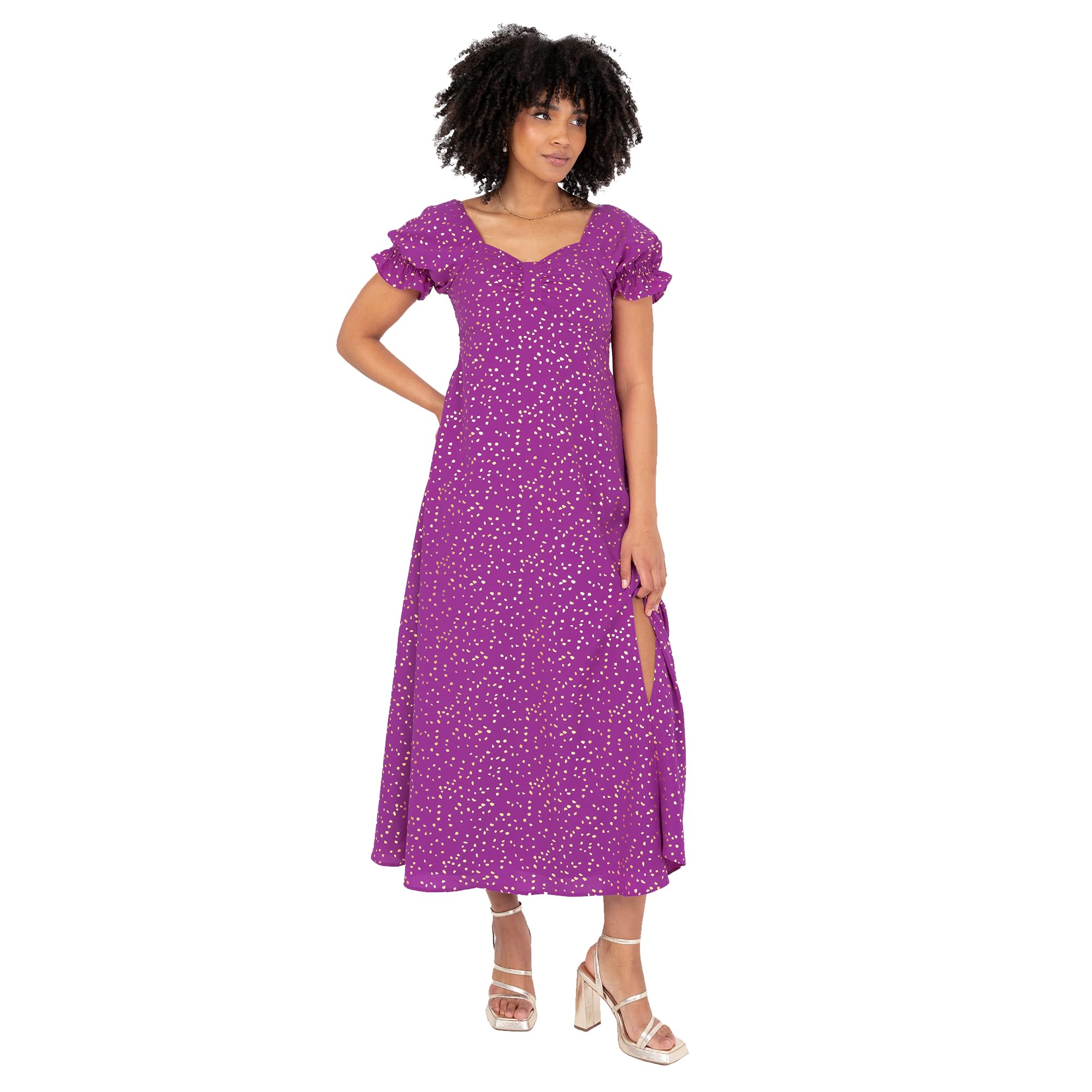 Lovedrobe Women's Midaxi Dress Ladies Sweetheart Neckline Puff Sleeve Empire Waist A-line Gold Fleck Leg Split Evening, Purple 26