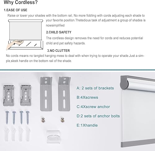 Miniatura 8 de Changshade Persiana enrollable de tela sin cordón, persianas de bloqueo de luz para ventanas con aislamiento térmico, protección UV, persianas