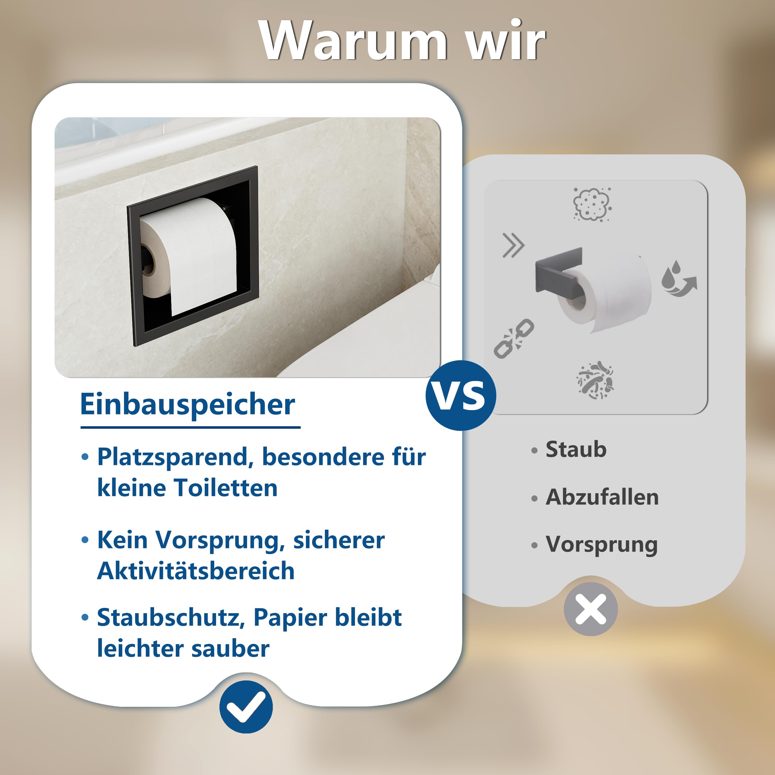 Push-to-Open Einbau Toilettenpapierhalter, Edelstahl 304 Wandnische Klopapierhalter, Bad Papierspender mit Drucköffner, platzsparender WC Rollenhalter für Renovierung und Modernisierung