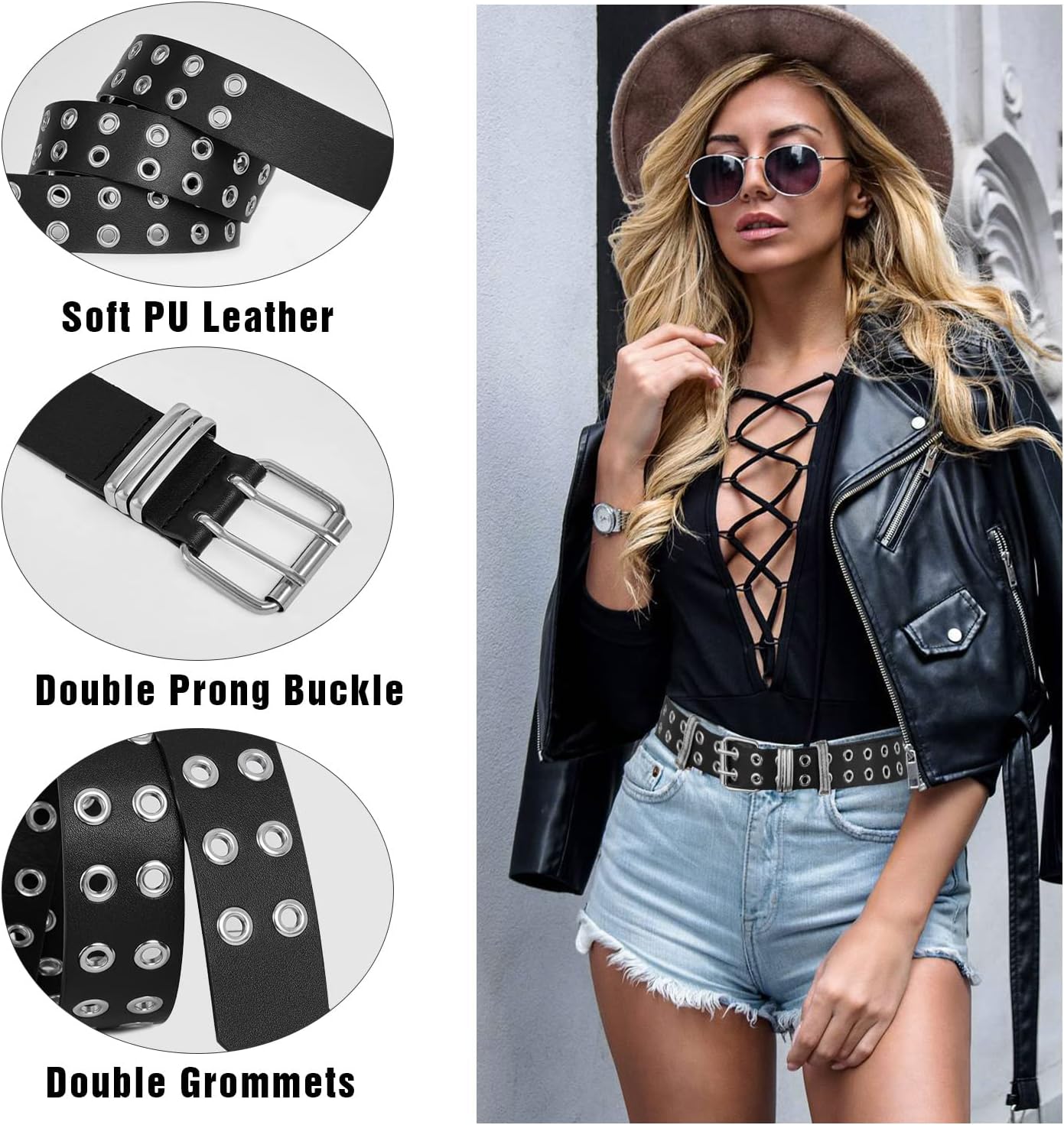 FIORETTO Grommet Leather Belt with Detachable Chain Women Men Punk Rock Waist Belts for Jeans Pants
