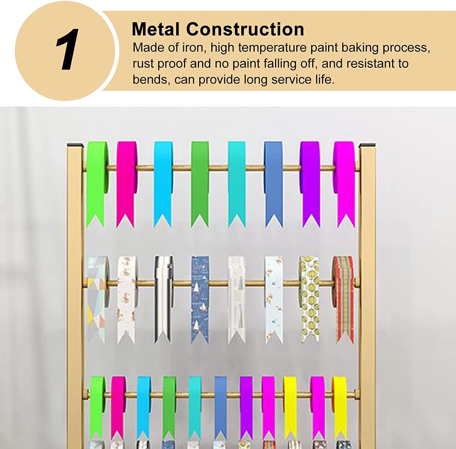 Organizador de almacenamiento de metal – 5 niveles comerciales de cintas para sala de manualidades, tienda de flores, sala de costura, soporte extraíble para barra