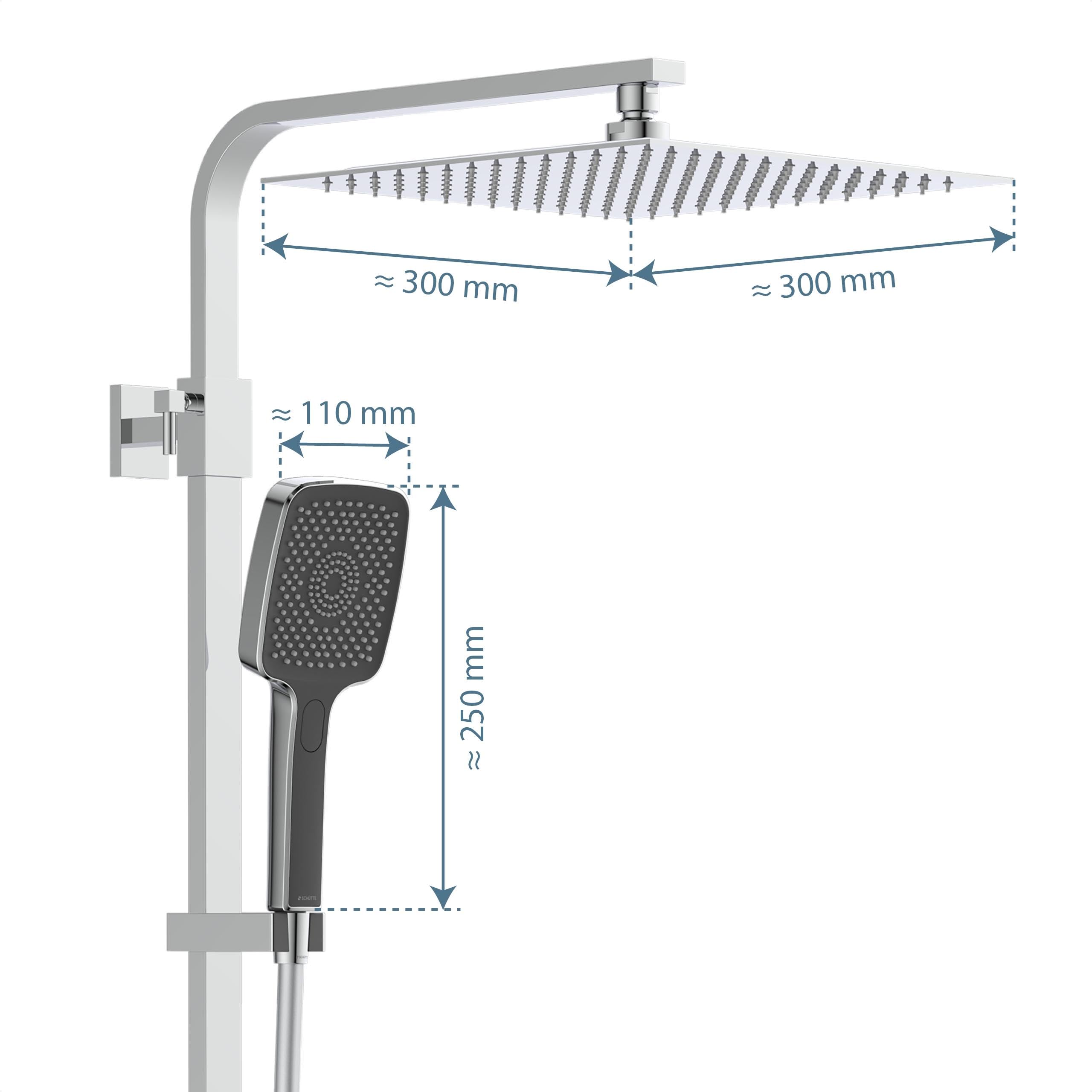 Schütte OCEAN Duschsystem mit Thermostat und Glasablage-Duschset mit 30x30cm, Regendusche mit Wandhalterung und Duschkopf-Duschpaneel Duschsäule in Chrom/Anthrazit 60531