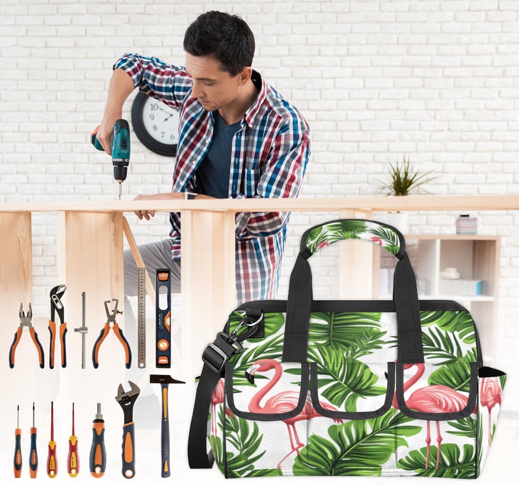 Flamingo Palm Leaves Tool Bags for Men Women Multi-Pockets Wide Mouth Tool Organizer Storage Tote Bag Waterproof Stroage Bags with Adjustabe Shoulder Straper for Car Electrician Garden