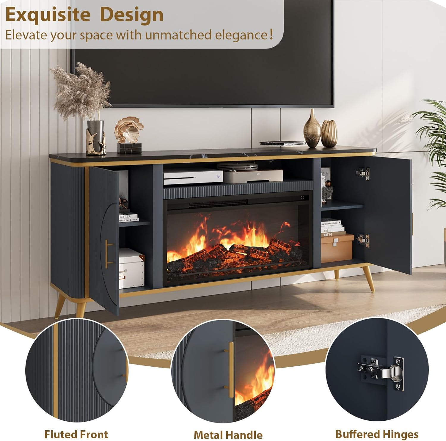 Navy Blue Fluted Fireplace TV Stand for 80" TVs