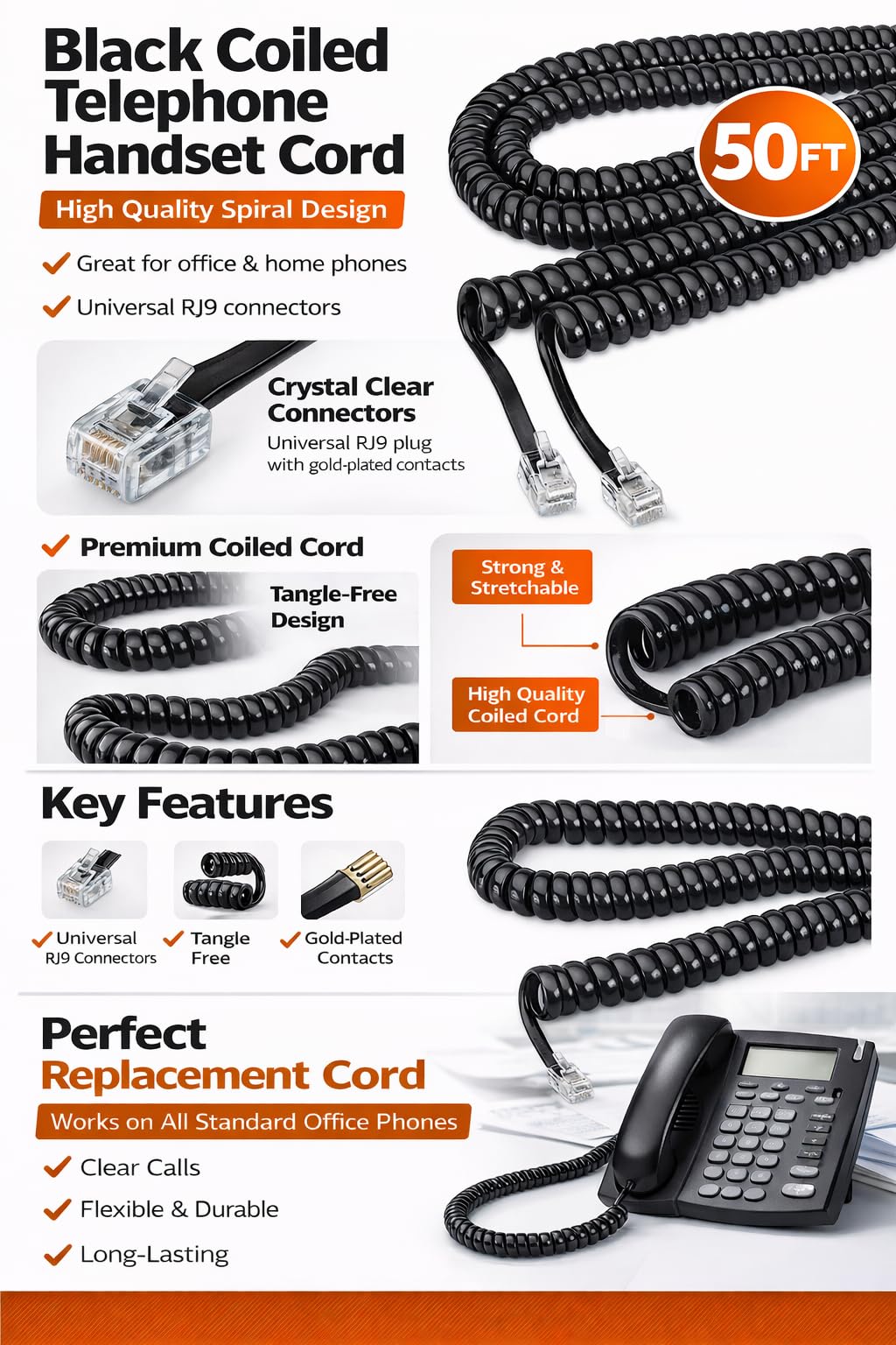 RiteAV - Cable Modular para Teléfono Fijo de 50 pies, Color Negro