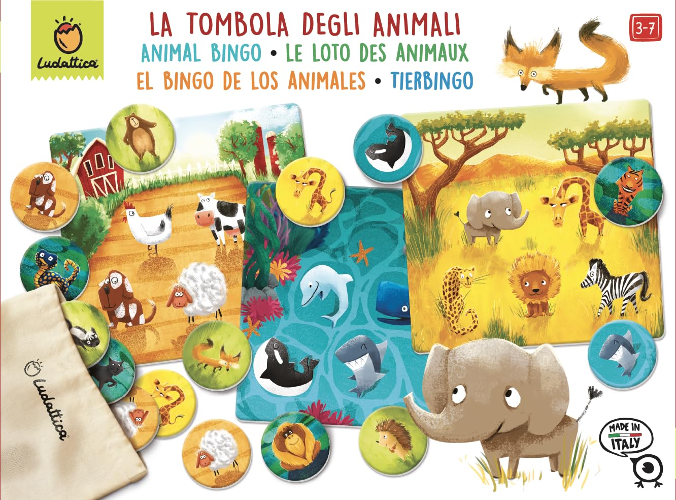 Ludattica Tombola degli animali Tombola per bambini | Bingo con sacchetto in stoffa e cartelle ambienti | Gioco educativo per bambini 3-6 anni | Memo game | Made in Italy