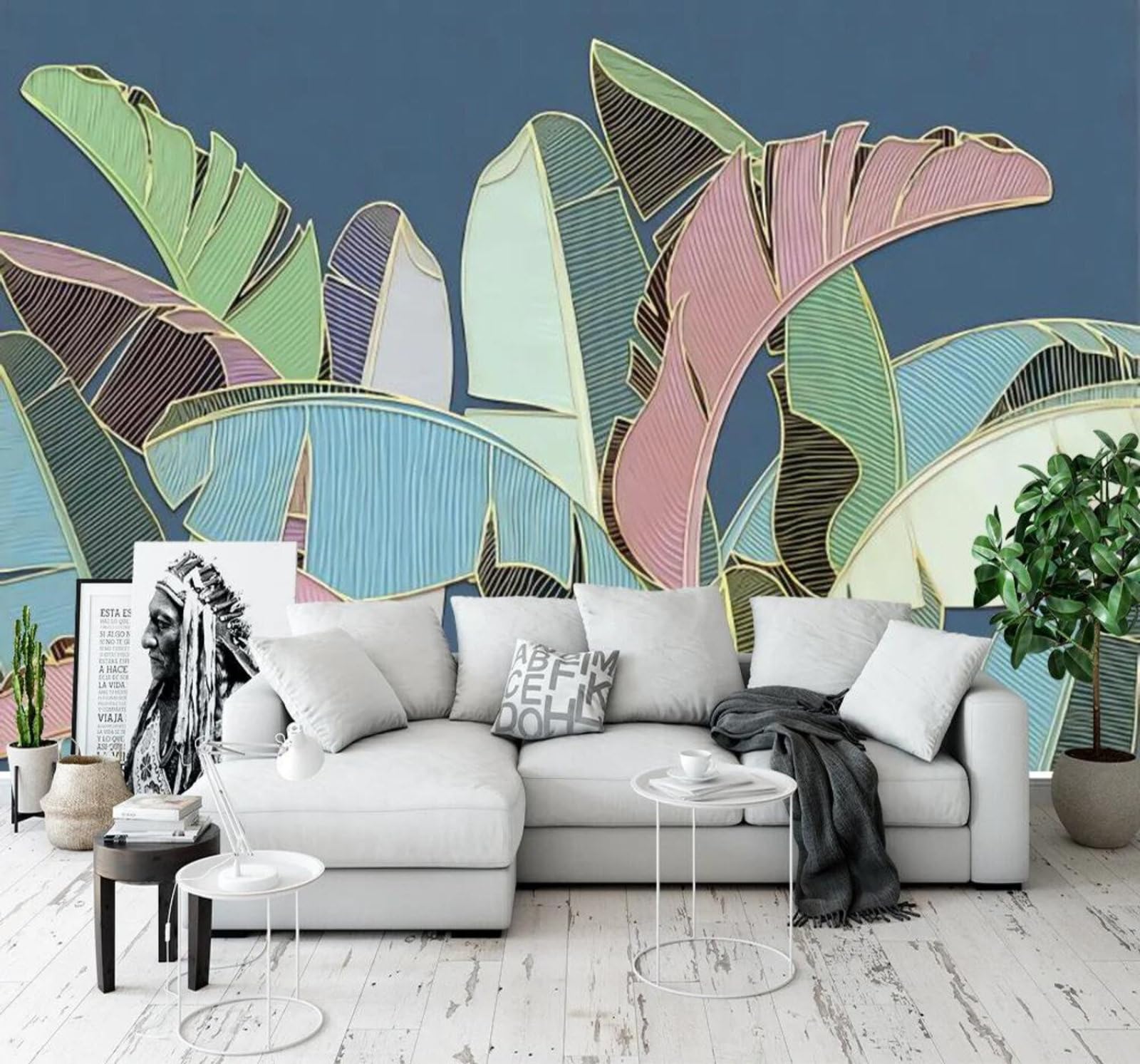 Tzxztt 300Cm×210Cm(B×H) Tropical Plants Banana Leaves Gold Embossed Lines Modern 3D Wallpaper Premium Textured Silk Neutral Tones Material Ideal For Living Room Bedroom-300Cm×210Cm
