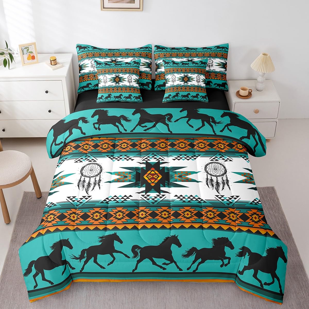 Feelyou Juego de edredón bohemio con sábanas, tamaño matrimonial, ropa de cama azteca nativa del suroeste en una bolsa, juego de ropa de cama de 7 piezas, juego de cama de caballos, decoración de