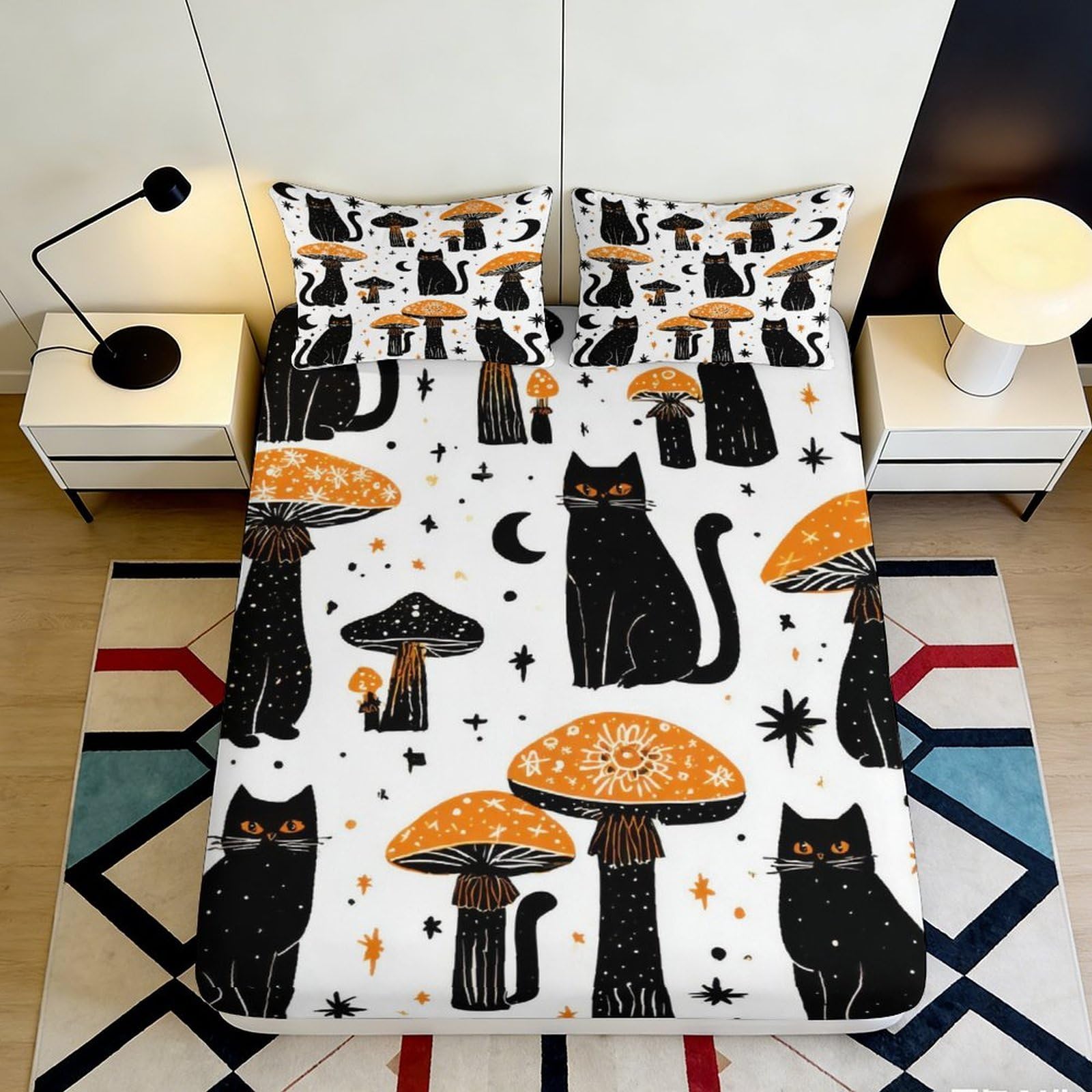 3D Printed Black Cat and Orange Mushroom Fitted Sheet Microfiber Soft Breathable Starry Night Bed Cover for Bedroom Dormitory Guest Room Mattress Protection 120x200x25cm