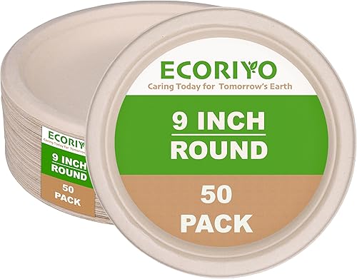 Platos de bagazo compostables de 9 pulgadas, paquete de 50 platos de papel resistentes, aptos para congelador y microondas, platos de papel