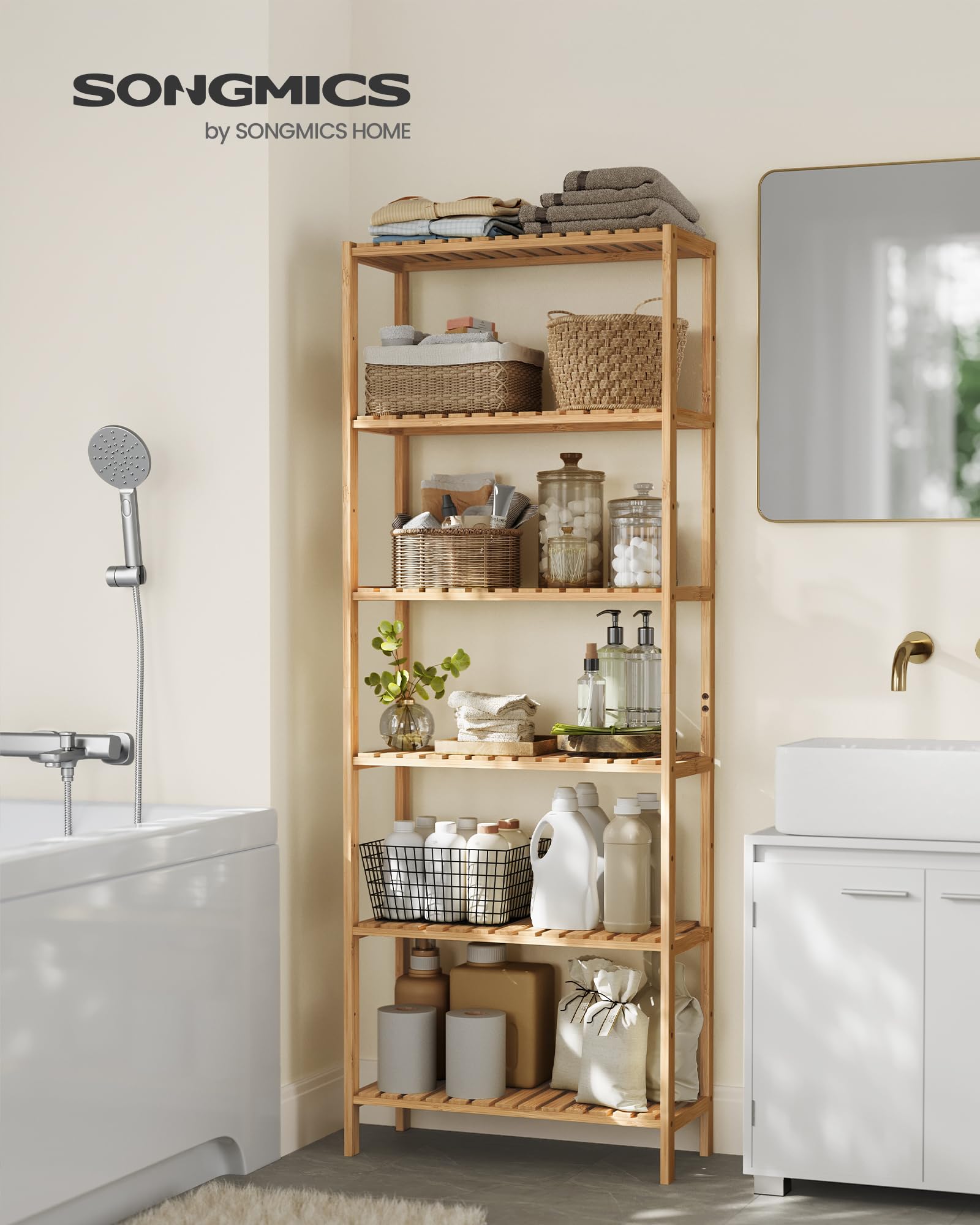 SONGMICS Regał Bambusowy, 6-Poziomowa Półka Łazienkowa, Regulowane Półki, Stojak na Rośliny, Szafka na Buty do Przedpokoju, 60 x 26,2 x 160,9 cm, Lekki Bambus, Kolekcja BAMBOU BCB036Y01