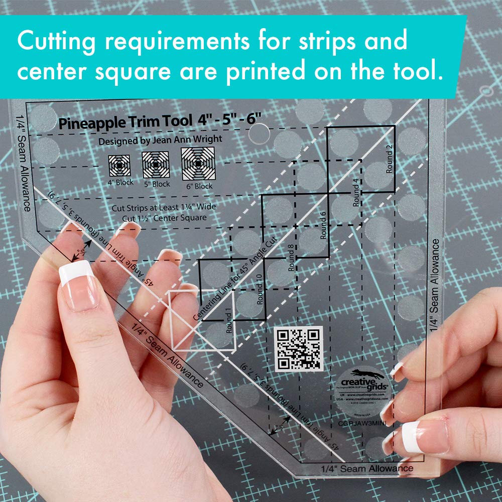Creative Grids Pineapple Trim Tool Mini Quilt Ruler – CGRJAW3MINI – Made in USA, 6-1/2in x 6-1/2in, Non-Slip Grip Acrylic Quilting, Sewing, Crafting, Patchwork Ruler & Template