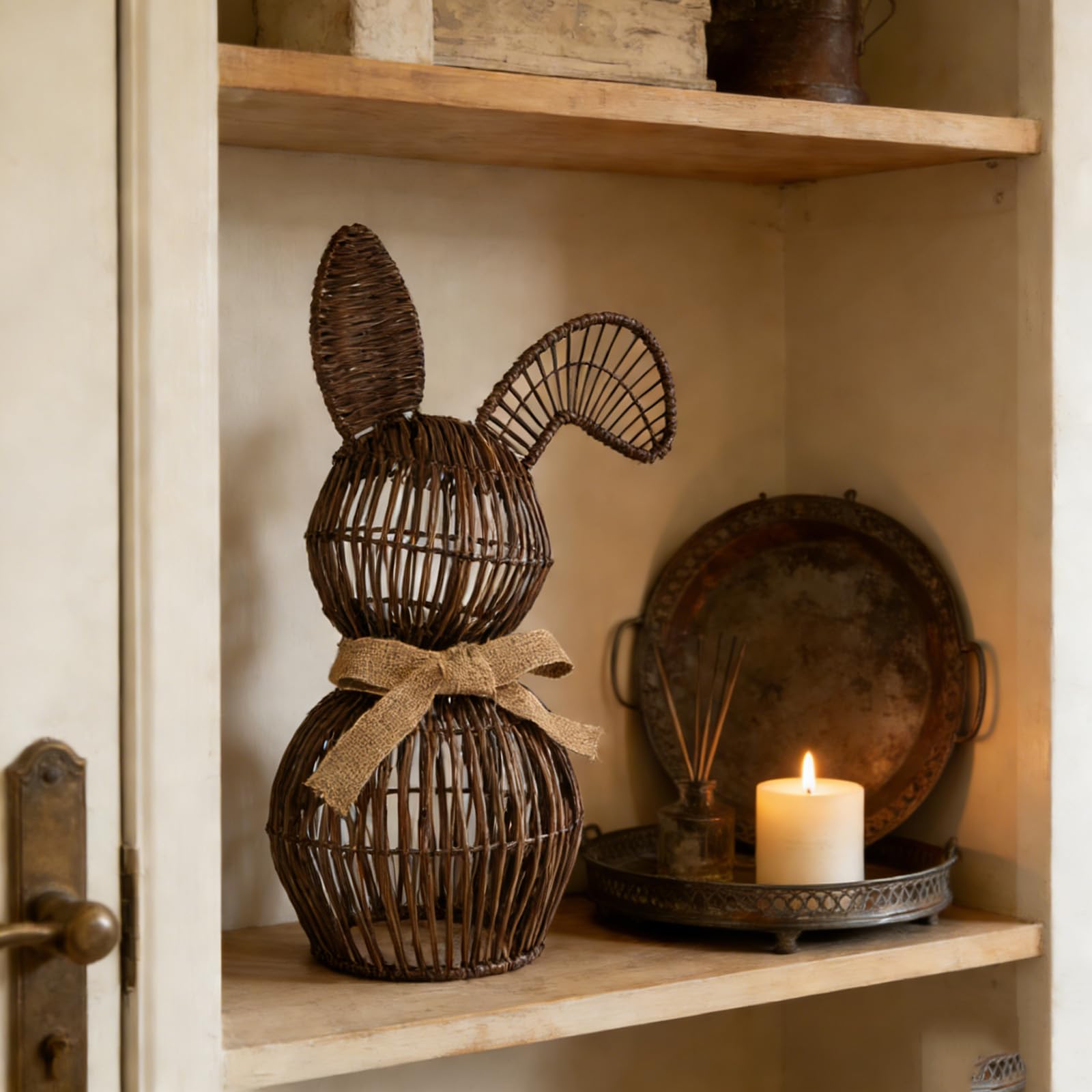 Rattan-Hase mit Schleife, rustikale Osterdekoration, Bauernhaus-Hasen-Osterdekoration, Frühlingshasen-Dekoration für rustikales Bauernhaus, Außenbereich, Haus, Veranda, Eingang, Hof, Rasen (2 Stück)