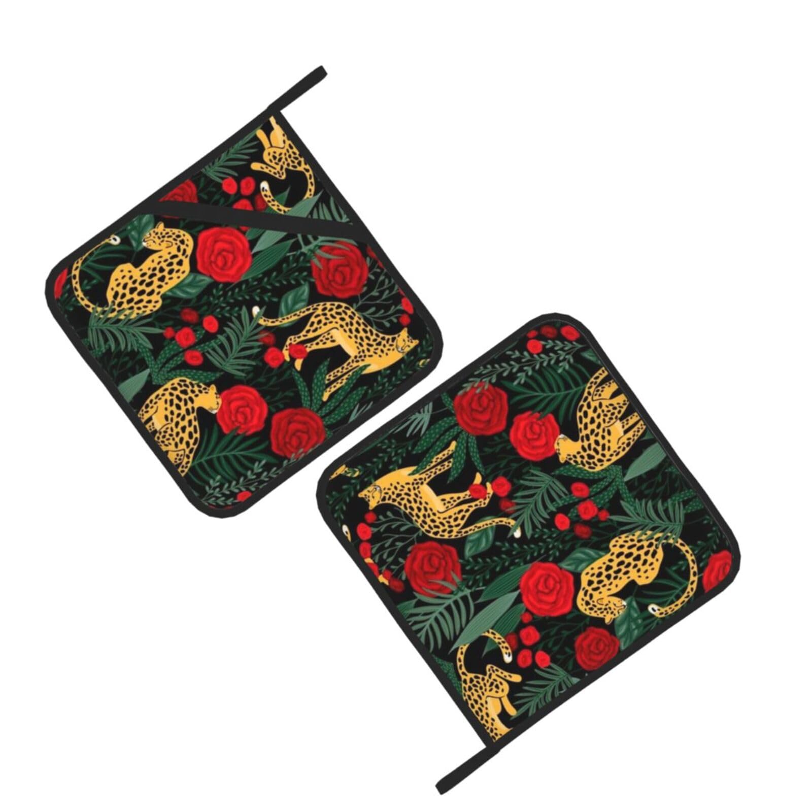 Wildlife Panther Smelling Red Rose Printed Oven Pot Holders Set of 2 Pcs Heat Resistant Kitchen Microwave Potholders for Cooking Baking Grilling