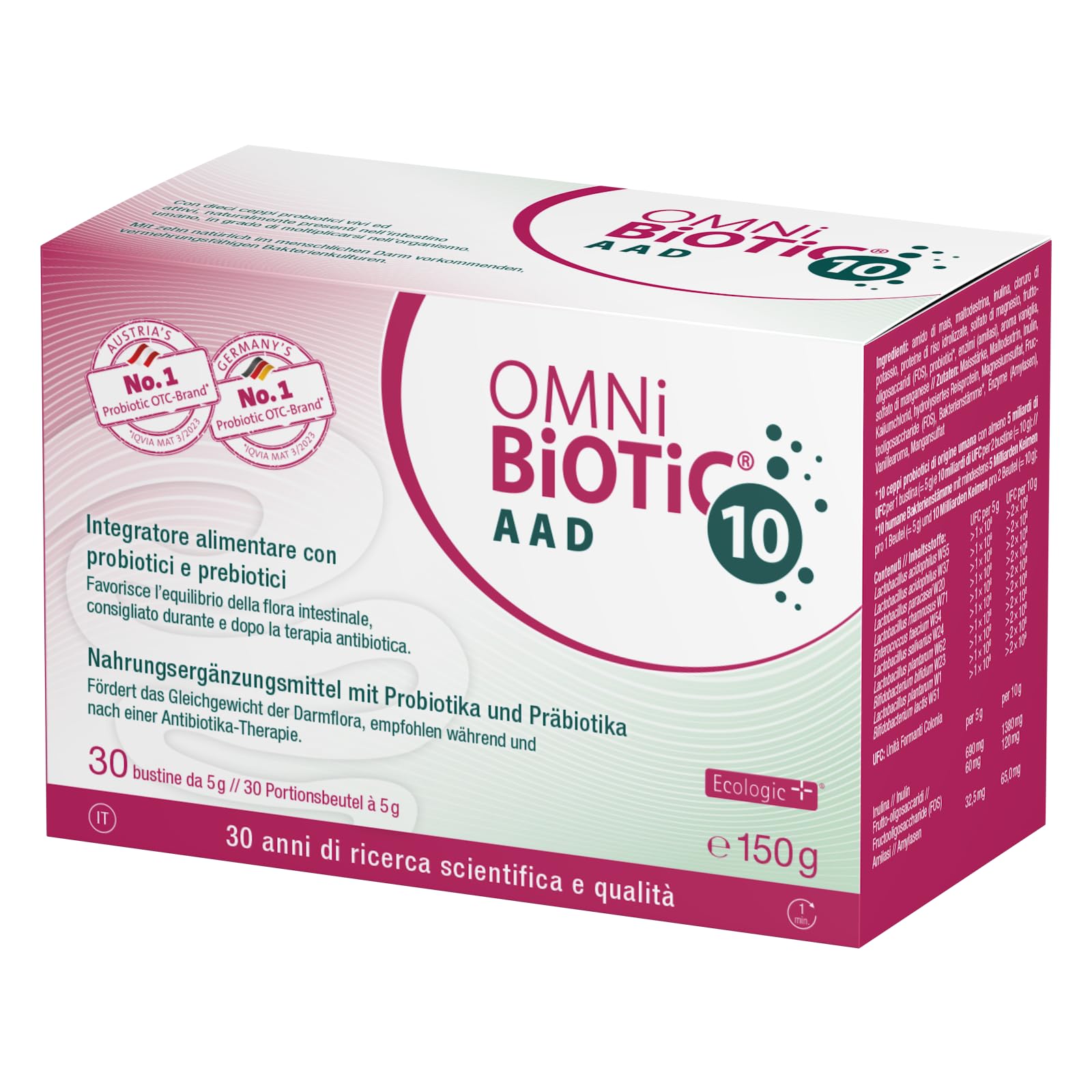 OMNi BiOTiC 10 AAD | 30 Beutel á 5g | empfohlen während und nach der Antibiotikatherapie | Für das Gleichgewicht der Darmflora | Pulver | Mit 10 Probiotischen Stämmen | VEGAN | GVO-frei |