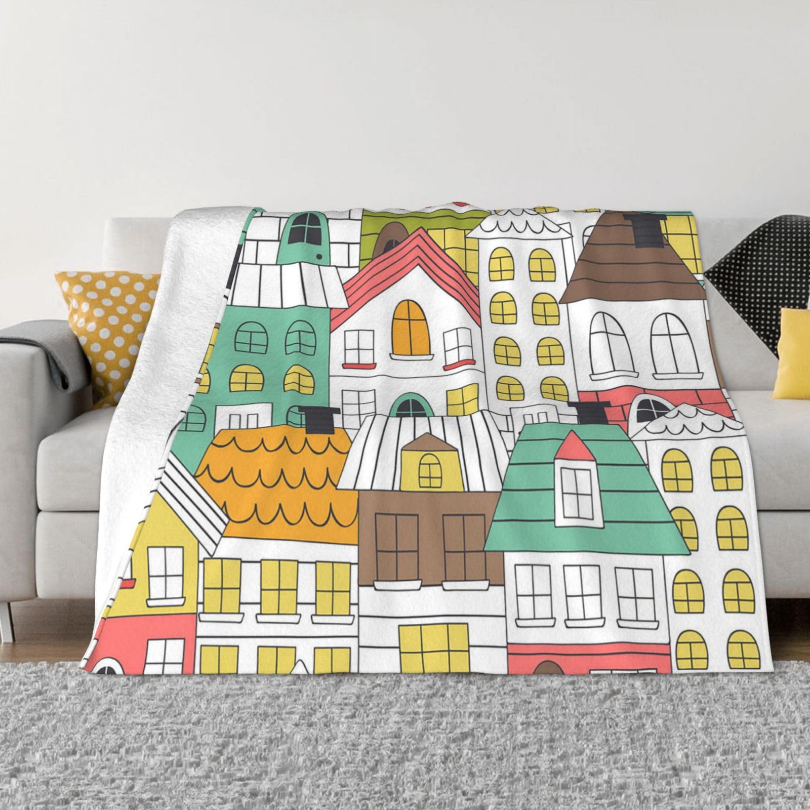 Zorin Black Throw Blanket Coloring Cute Houses Ultra Soft Flannel Fleece Bed Blankets All Season Cozy Plush Blankets For Living Room/Bedroom 60"X50"