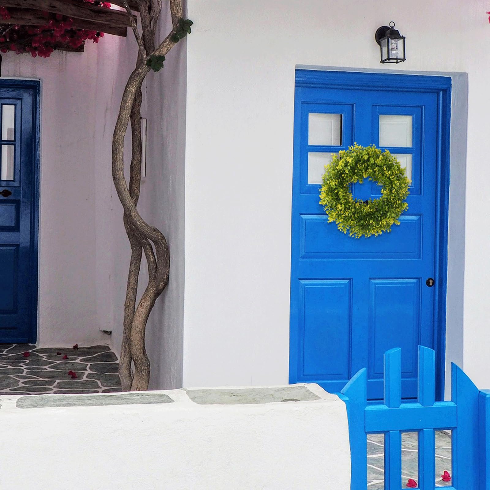 Ghirlanda di benvenuto per porta d'ingresso, ghirlanda di eucalipto artificiale, decorazione primaverile ed estiva per porta d'ingresso, ghirlanda di piante finte per porta d'ingresso