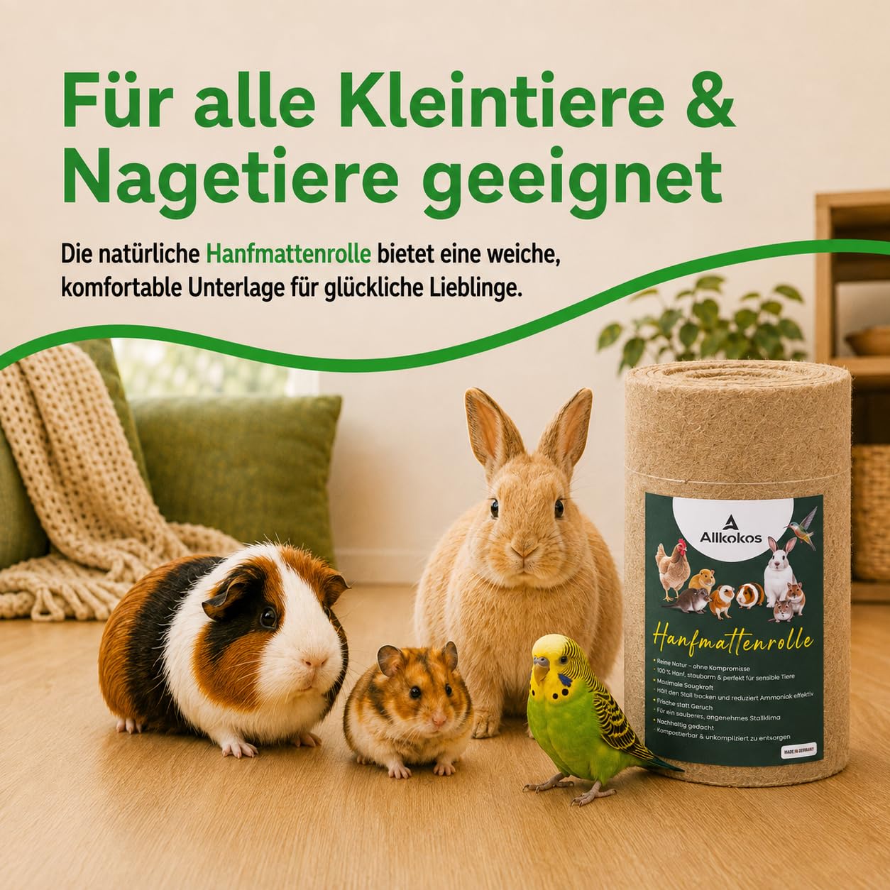 2X Hanfmatten Rolle 0,5m x 5m x 0,5cm für Kleintiere