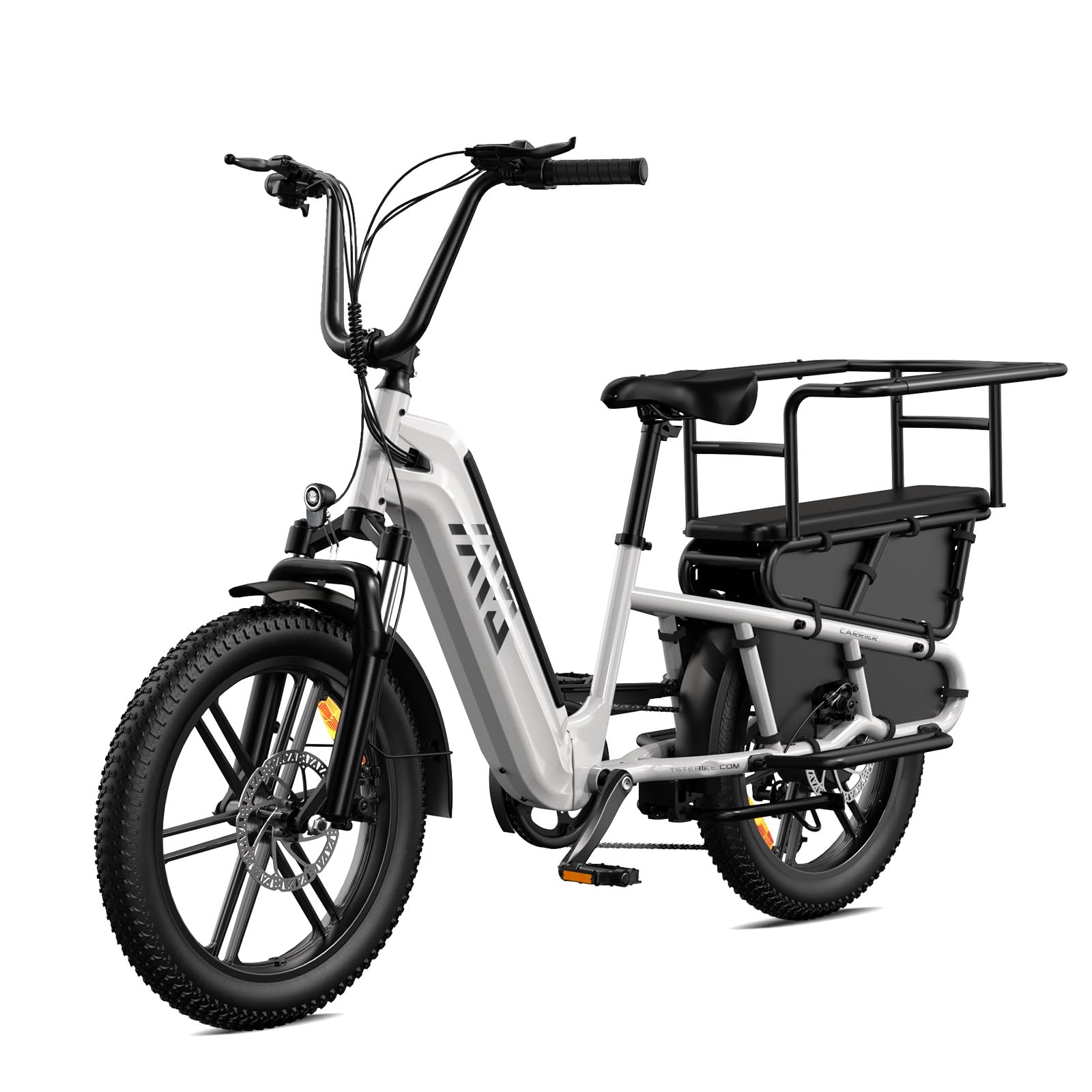 TST Bicicleta Eléctrica para Adultos con Asiento Trasero y Control por App, Bicicleta Cargo 20" Llantas Fat Batería 48V 15Ah 250W Autonomía 60KM Carga 204kg, Portaequipajes, Suspensión, Cuadro Bajo