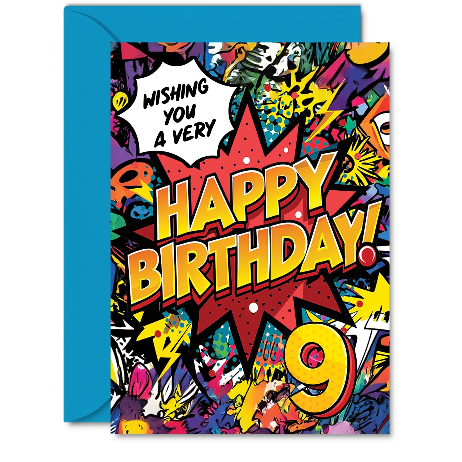 9th Birthday Cards for Boys Girls - Comic Book Pow! - Happy Birthday Card for 9 Year Old Boy Girl Nephew Sister Daughter Cousin, A5 Bday Greeting Cards