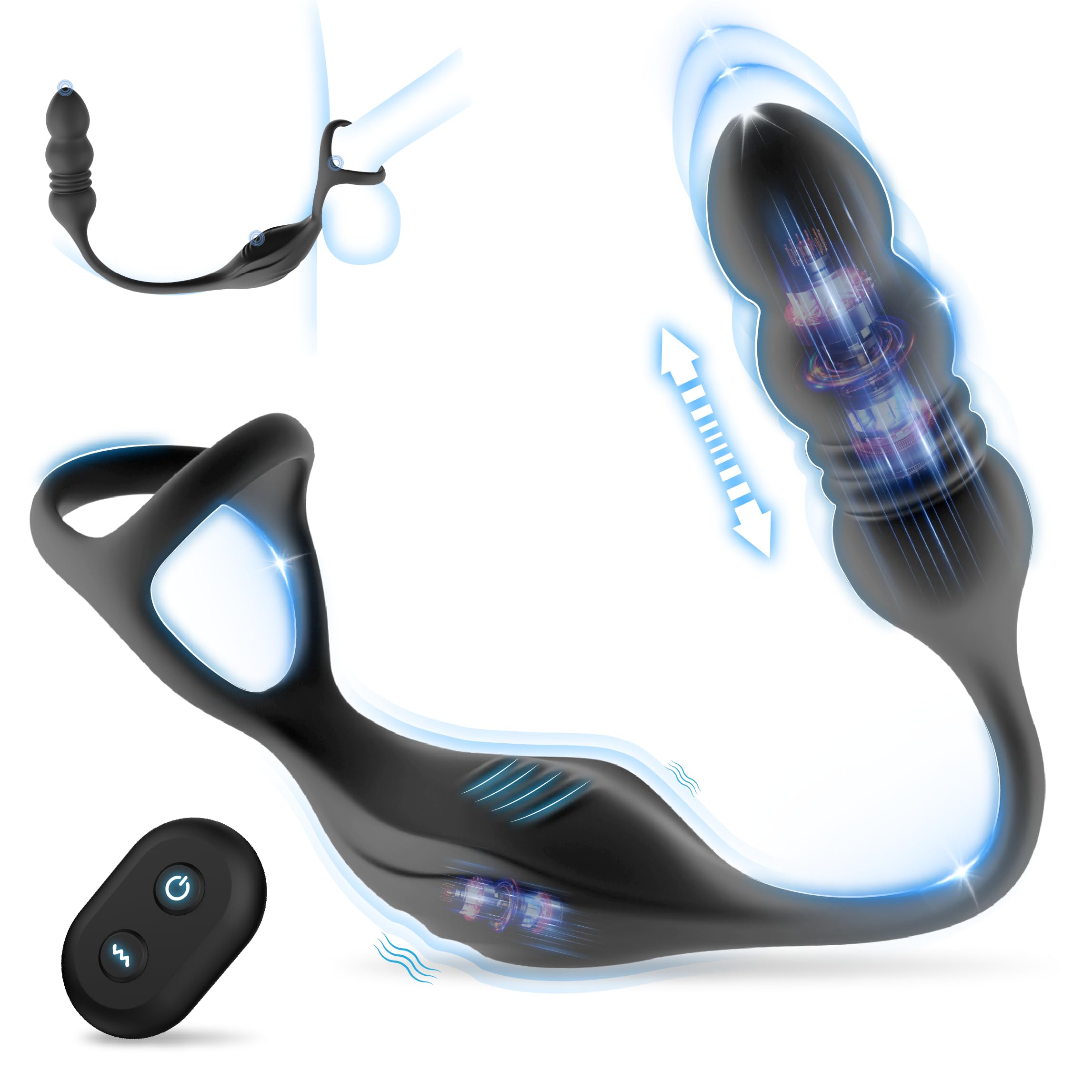 Thrusting Anal Vibrator Prostate Massager, Vibrating Cock Ring, Remote Control Anal Butt Plug, 9 Vibration Modes, Anal Bead，Male Vibrators for Men Adult Toys, Sex Toys for Men and Couple Pleasure