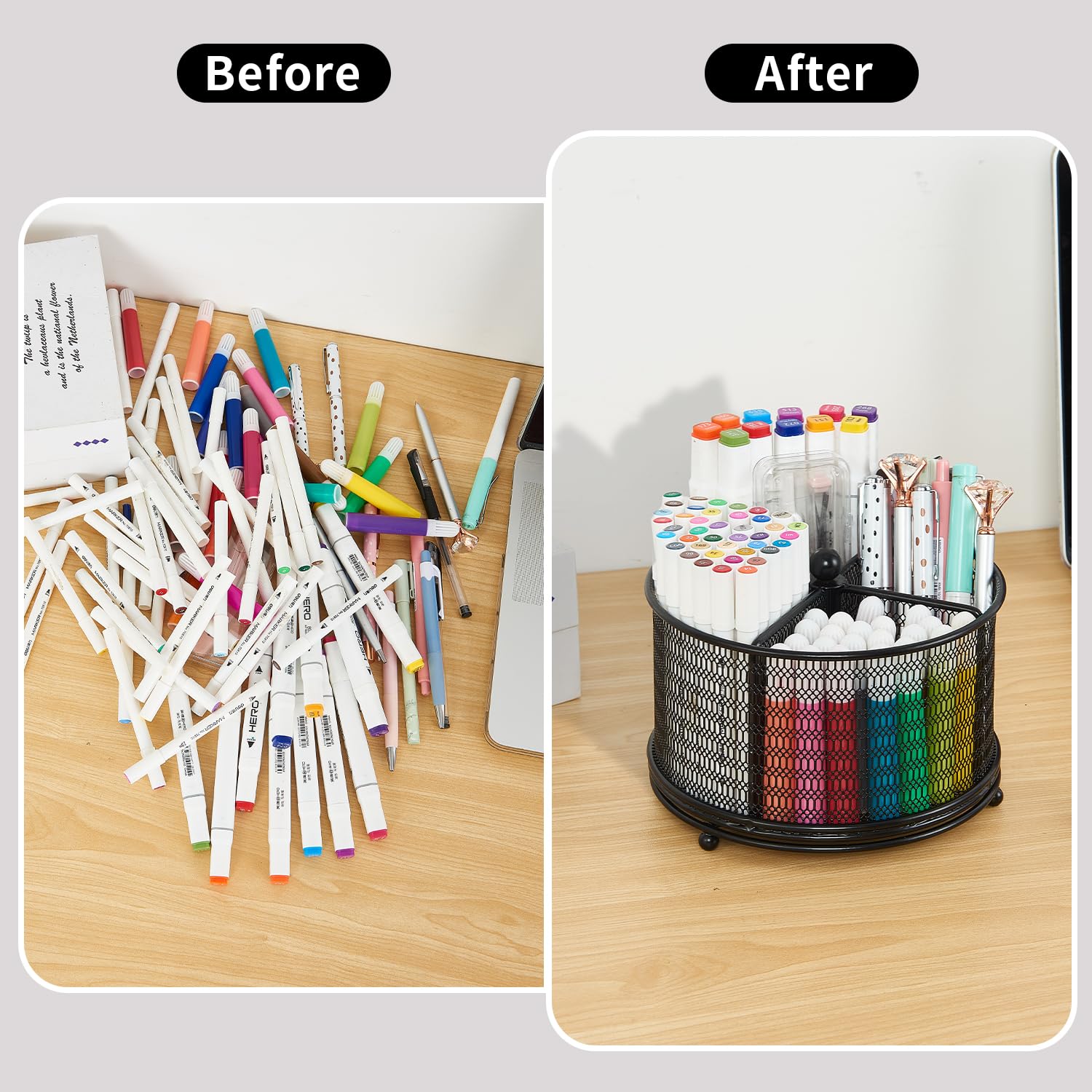 Youbetia 360-Degree Rotate Pencil Holder, Office Desk Organization Art Supply Storage Organizer, Desktop Pencil Cup Desk Accessories for Office Supplies, Pen Organizer for School Stationary (BLACK)