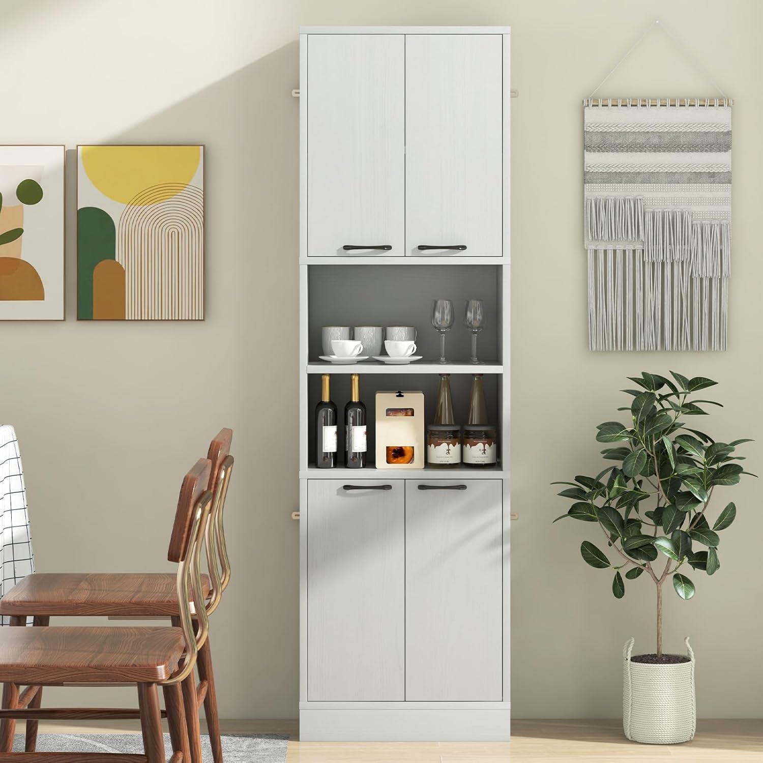 Kitchen Pantry Cabinet, Dining Room Cupboard with 4 Doors & 2 Open Countertop, 4 Anti-Tipping Devices, 75” Tall Bathroom Storage Cabinets (White Oak)