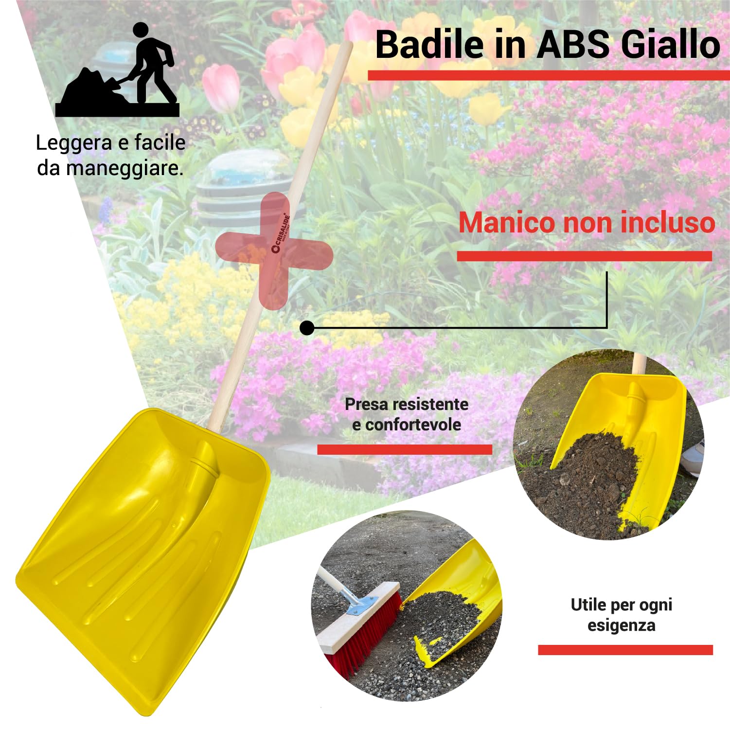 CRISALIDE® Badile in ABS Giallo – Pala Professionale Leggera e Resistente per Neve, Terra e Detriti – Materiale Antiurto – Ideale per Giardinaggio e Lavori Domestici – Manico non incluso