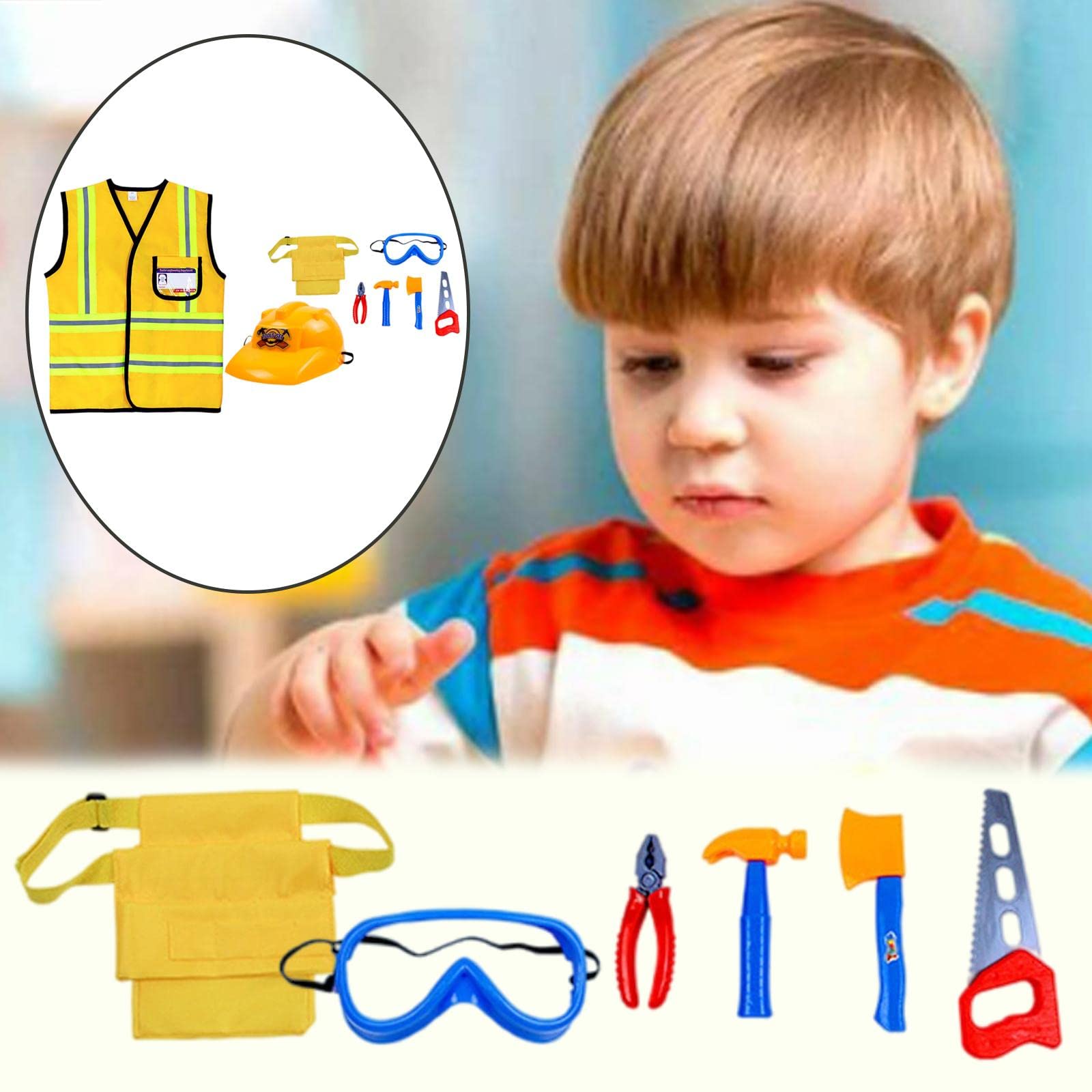 Kinder Kostüm Set Cosplay Uniform Verkleidung Rolle Feuerwehrmann Polizei Bauarbeiter mit Langlebigem Polyester Hut Und Rollenspiel Zubehör für, 0062