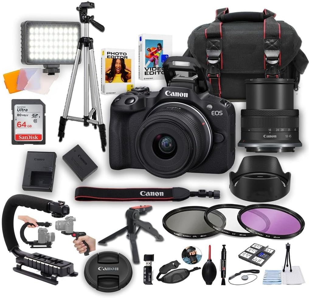 Canon EOS R50 Mirrorless Camera with Canon 18-45mm Lens + LED Video Light + U Grip + 64GB Memory, Filters, Deluxe Case, Tripod & More – Pro Bundle (30pc Bundle) (Renewed)