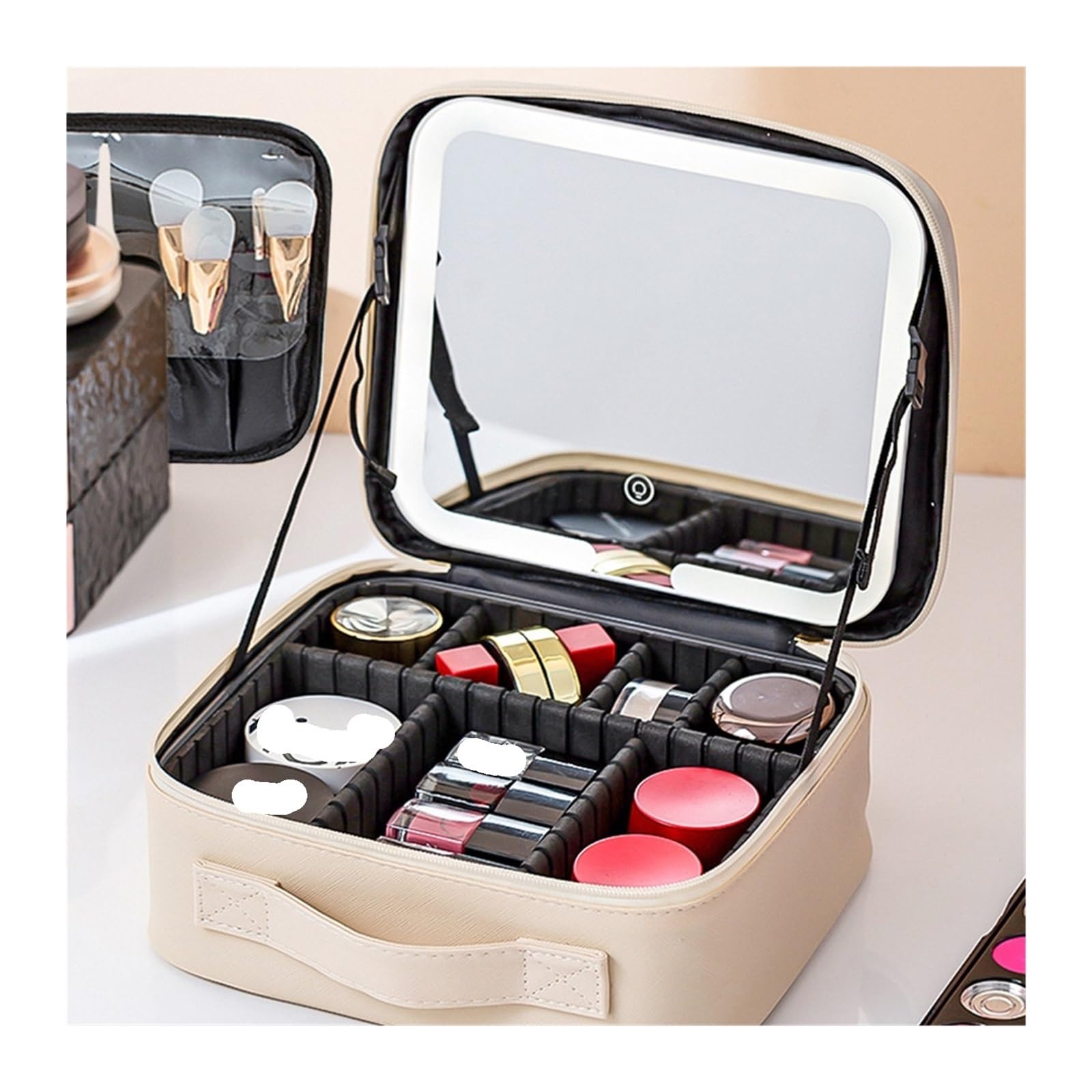Kosmetiktasche Reise-Make-up-Tasche mit Spiegel for Frauen, tragbares Make-up-Pinsel-Etui mit großem Fassungsvermögen, tragbare, unterteilte Kosmetiktasche