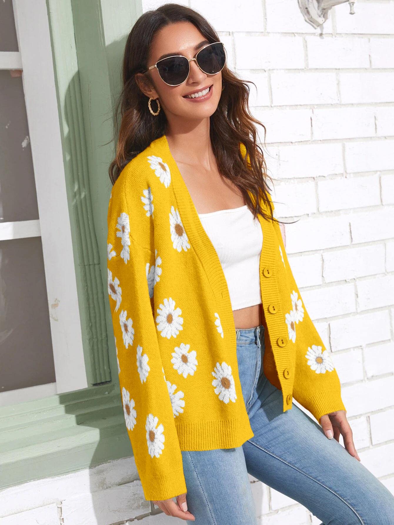 Women's Floral Print Cardigan Long Sleeve Open Front Button Down V Neck Knitted Sweaters