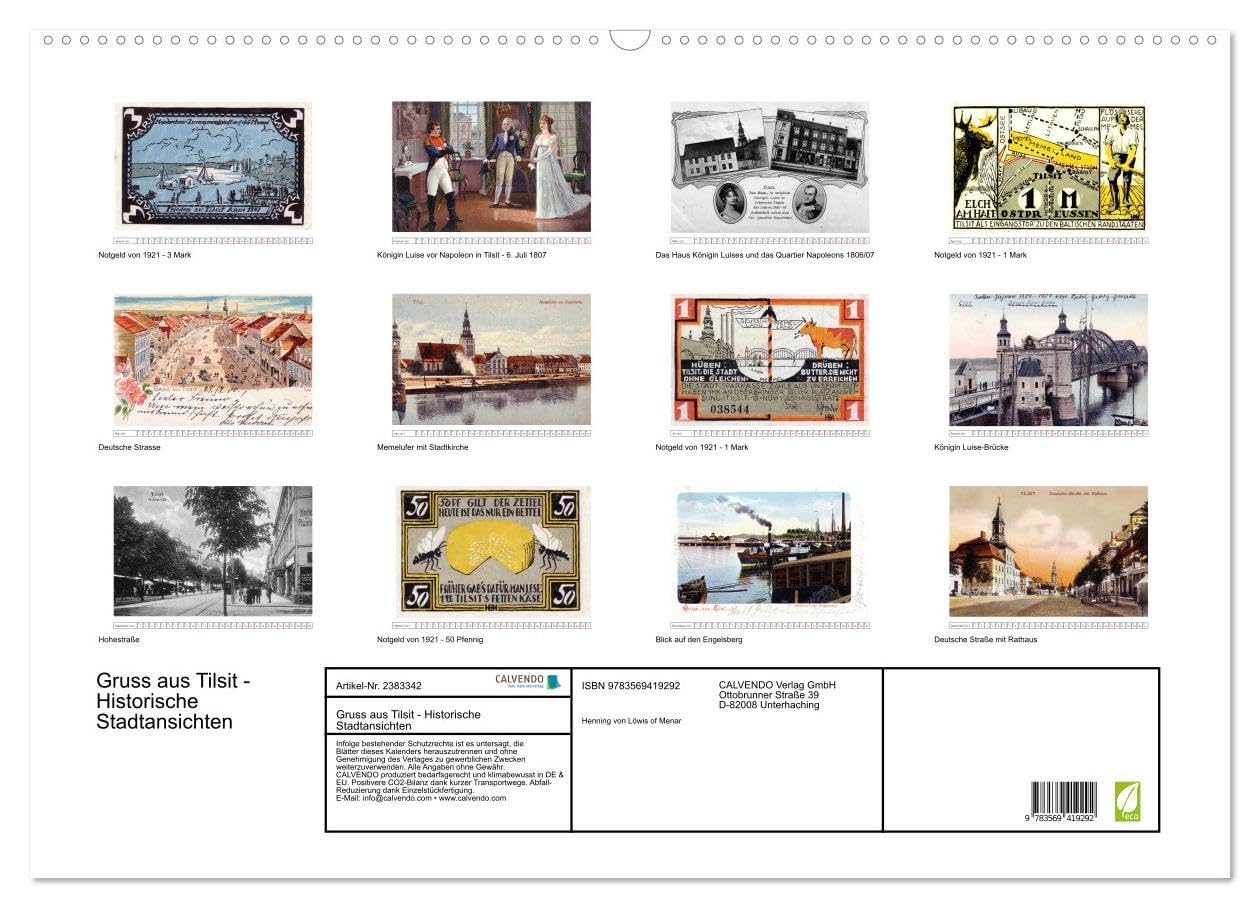 CALVENDO - Gruss aus Tilsit - Historische Stadtansichten (Wandkalender 2027 DIN A2 quer), Monatskalender: Alte Ansichtskarten und Notgeld von Tilsit aus dem Jahre 1921