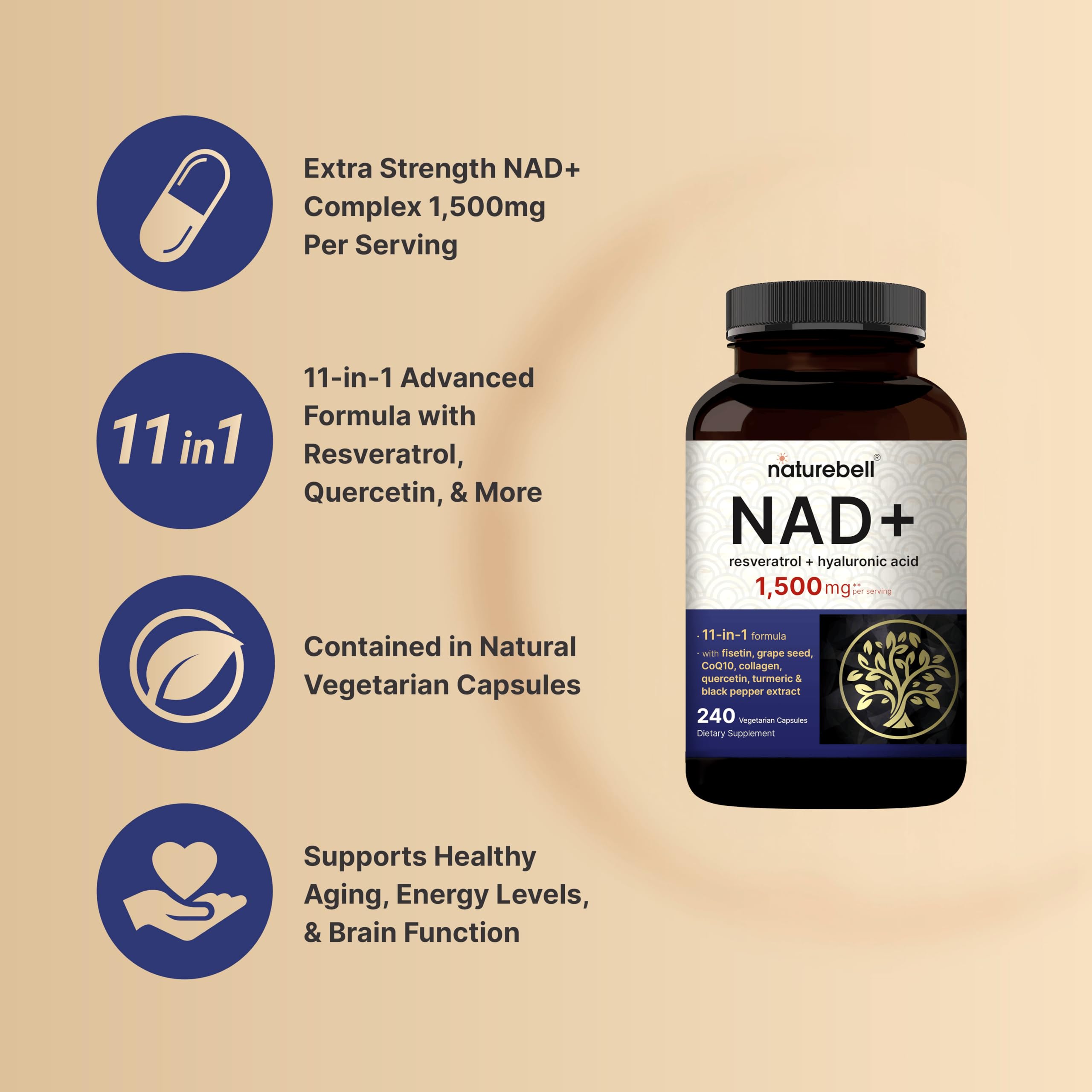 NatureBell NAD+ 1,500mg Per Serving, 240 Veggie Capsules | NMN Supplement Alternative | 10-in-1 Complex with Resveratrol Plus Hyaluronic Acid, Quercetin, Fisetin, Collagen, & More – Non-GMO