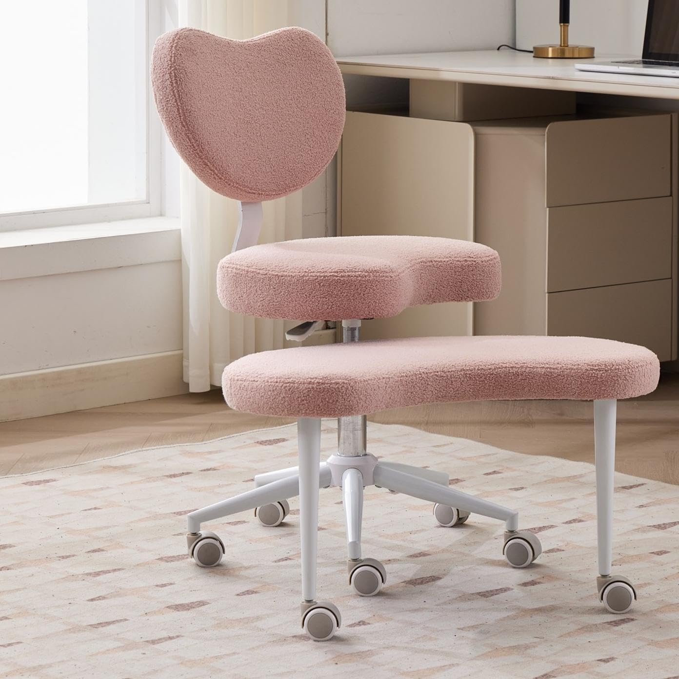 Ergonomic Kneeling Chair with Backrest, Pink Plush Fabric, Rolling Wheels, Adjustable Height, Office Posture Stool,Cross Legged Home Desk Office Chairs for Meditation,Yoga