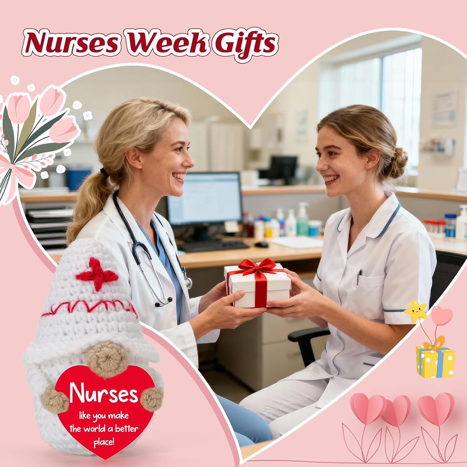 Nurse Appreciation Gifts for Women - Nurse Week Gifts 2026 for Her, Thank You Nurses Week Birthday Christmas Best RN Nursing School Graduation Presents - Handmade Crochet White Nurses Gnome
