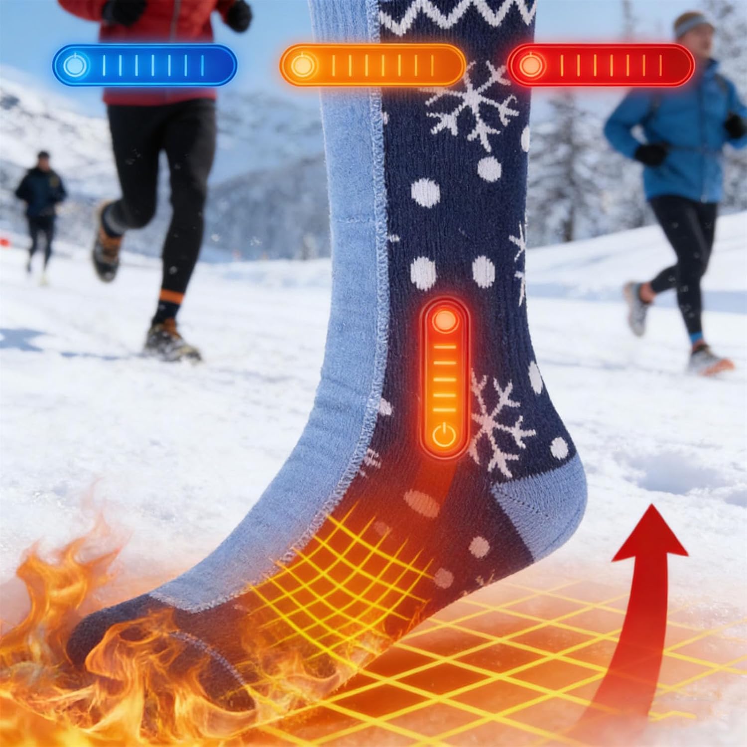 Rechargeable Heated Socks for Men Women,Washable,USB Battery Heated Socks 3 Heating Levels for Camping,Hiking,Hunting,Skiing,Walking,Fishing,Winter Sports Outdoors Snowflake Foot Leg Warmers