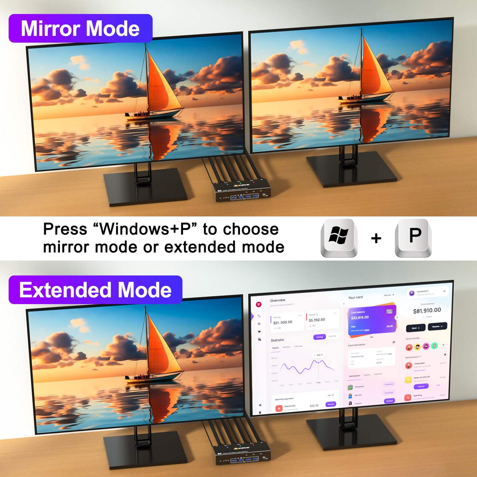 Switch KVM USB 3.0 DP 2 monitory 3 komputery, przełącznik KVM YOUTINGHDAV 4K przy 144 Hz, przełącznik KVM z dwoma monitorami Displayport 1.4, przełącznik USB KVM Udostępnij 4 urządzenia USB