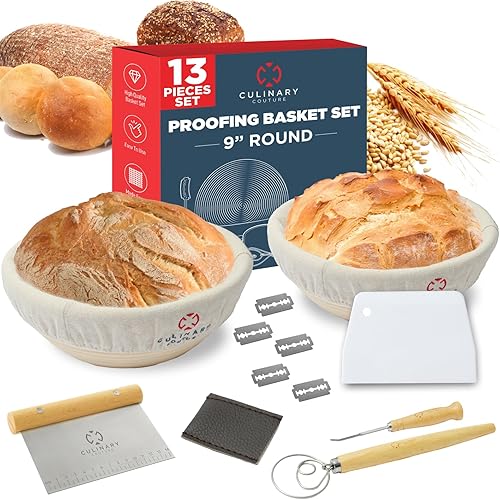 Culinary Couture Juego de cestas de prueba incluye 2 cestas Banneton de ratán y revestimientos de lino, raspador de metal, raspador de plástico,