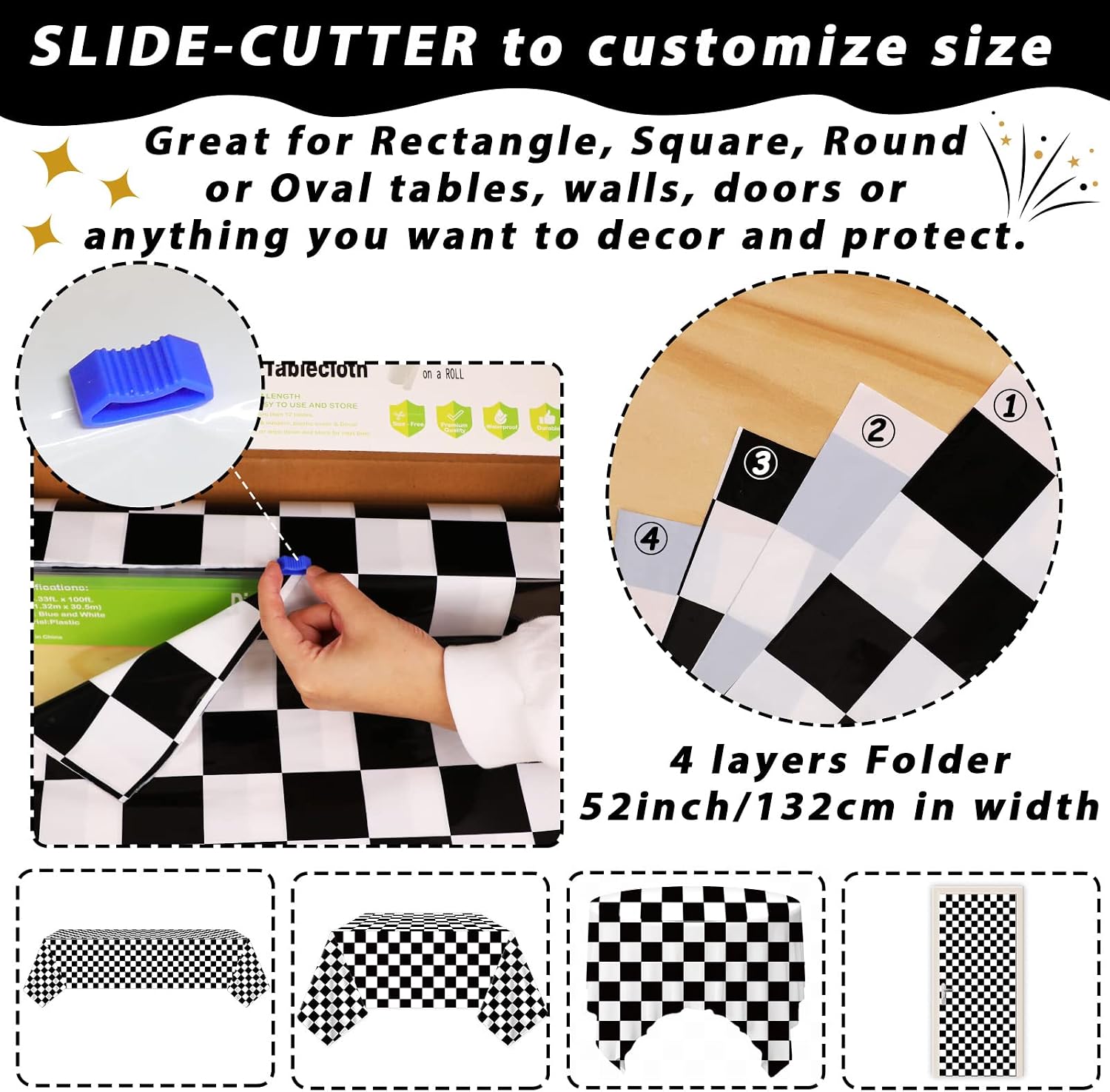 Black and White Checkered Tablecloth Roll 52 in x 100 Ft with Slide Cutter Black Checkered Table Cloth Roll Picnic Party Table Cover for Events Family Banquet Parties and Celebrations(Plastic)