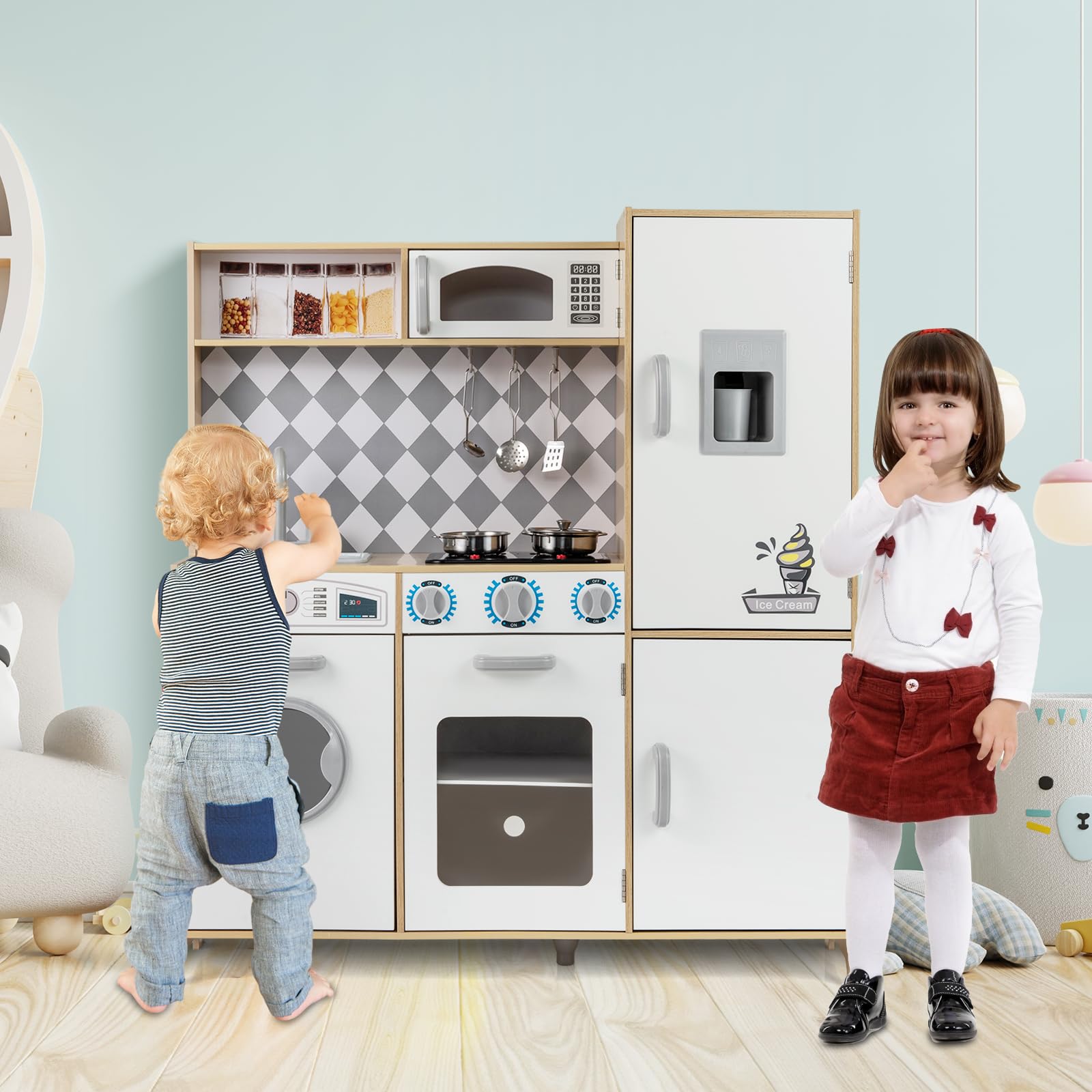 COSTWAY Drewniana kuchnia dziecięca, kuchnia do zabawy z kuchenką, pralką, piekarnikiem, kuchenką mikrofalową, akcesoria kuchenne, kuchnia drewniana ze światłem i dźwiękiem, zestaw do zabawy dla