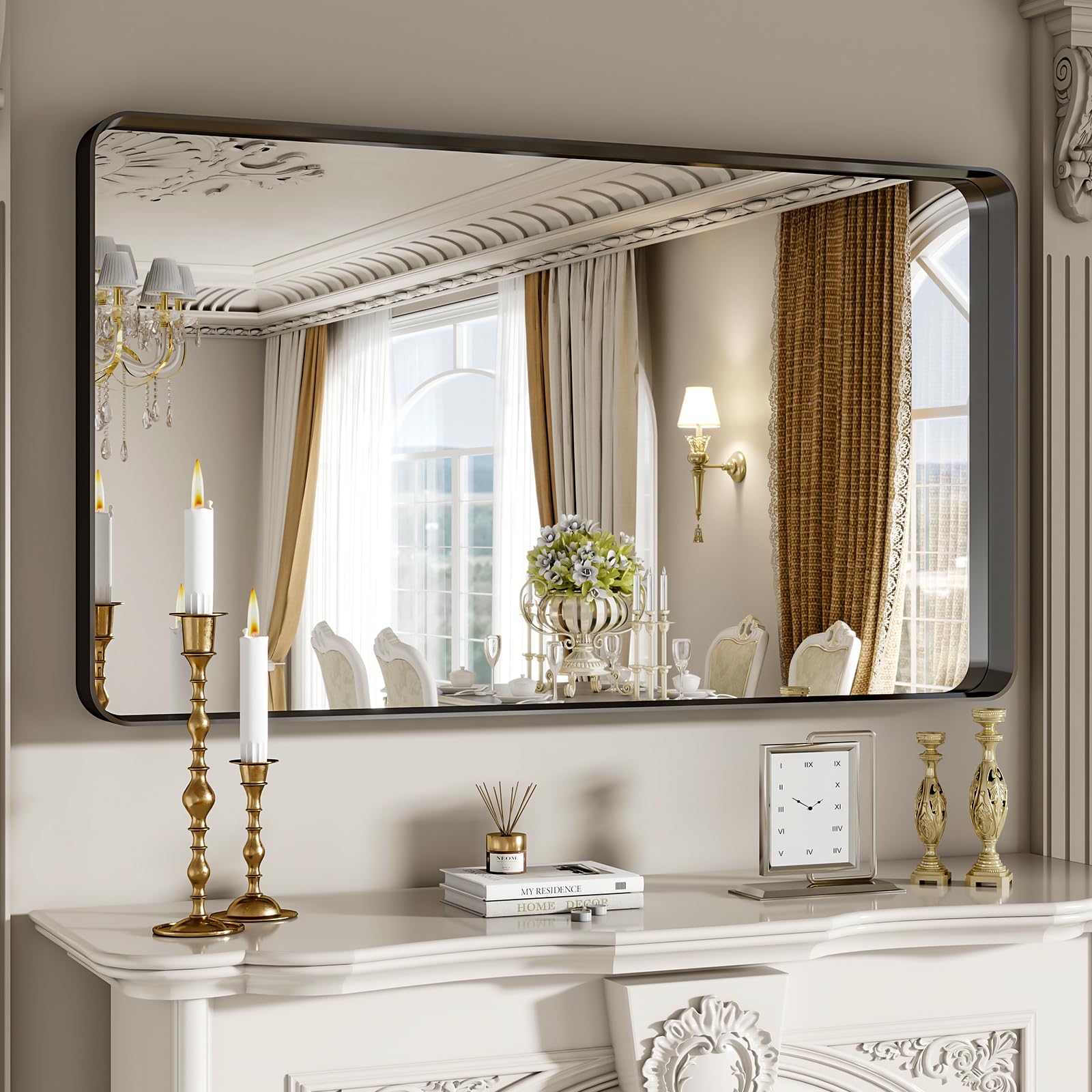 VETROVUE Black Bathroom Mirror for Wall, 48"x30" Inch Rounded Rectangle Mirror with Metal Framed, Modern Vanity Mirrors for Bedroom, Living Room, Hanging or Leaning Horizontal or Vertical
