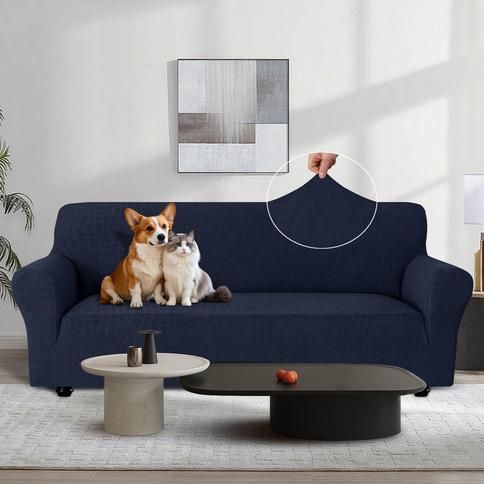 Ystyle Stretch Sofa Überzug 3 Sitzer, Wasserabweisend Elastisch Couch Bezug Mit Armlehnen, Universal Sofaschoner rutschfest für Hunde Katzen und Haustiere, Waschbare Sofa Cover, Dunkelblau