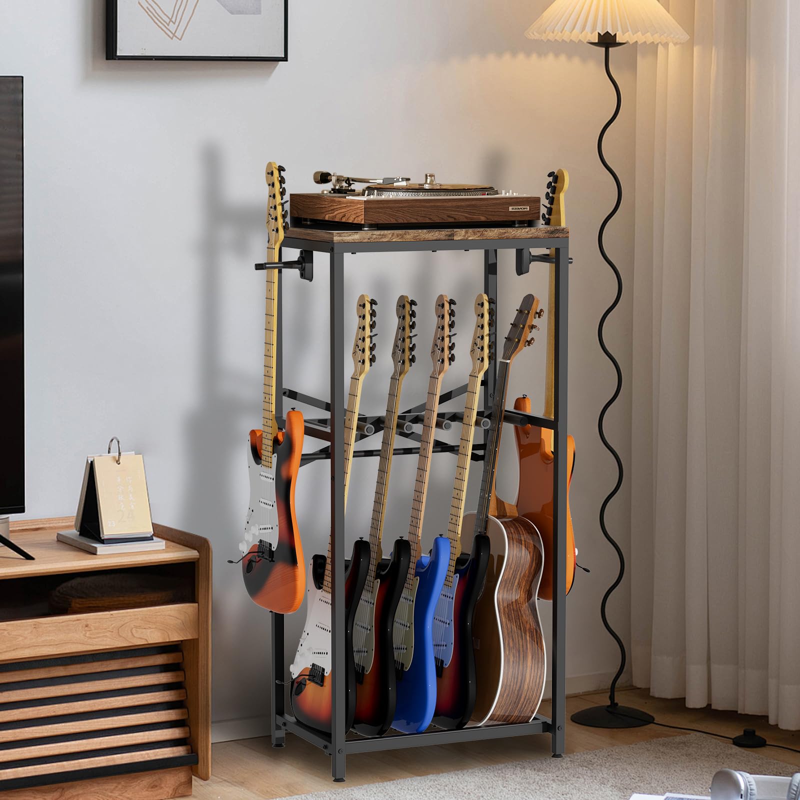 Gitarrenständer für mehrere Gitarren, Gitarrenständer für Akustikgitarre, E-Gitarre, Bass und Ukulele, rustikaler Gitarren-Präsentationsständer mit 2 Gitarrenaufhängern