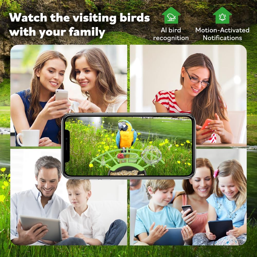 Smart Bird Feeder with Camera – AI Bird Recognition, 130° Wide Angle, Solar & USB Powered, IP65 Waterproof, Motion Detection, Night Vision, Two-Way Audio, Cloud Storage –Watching Gift for Nature Lover