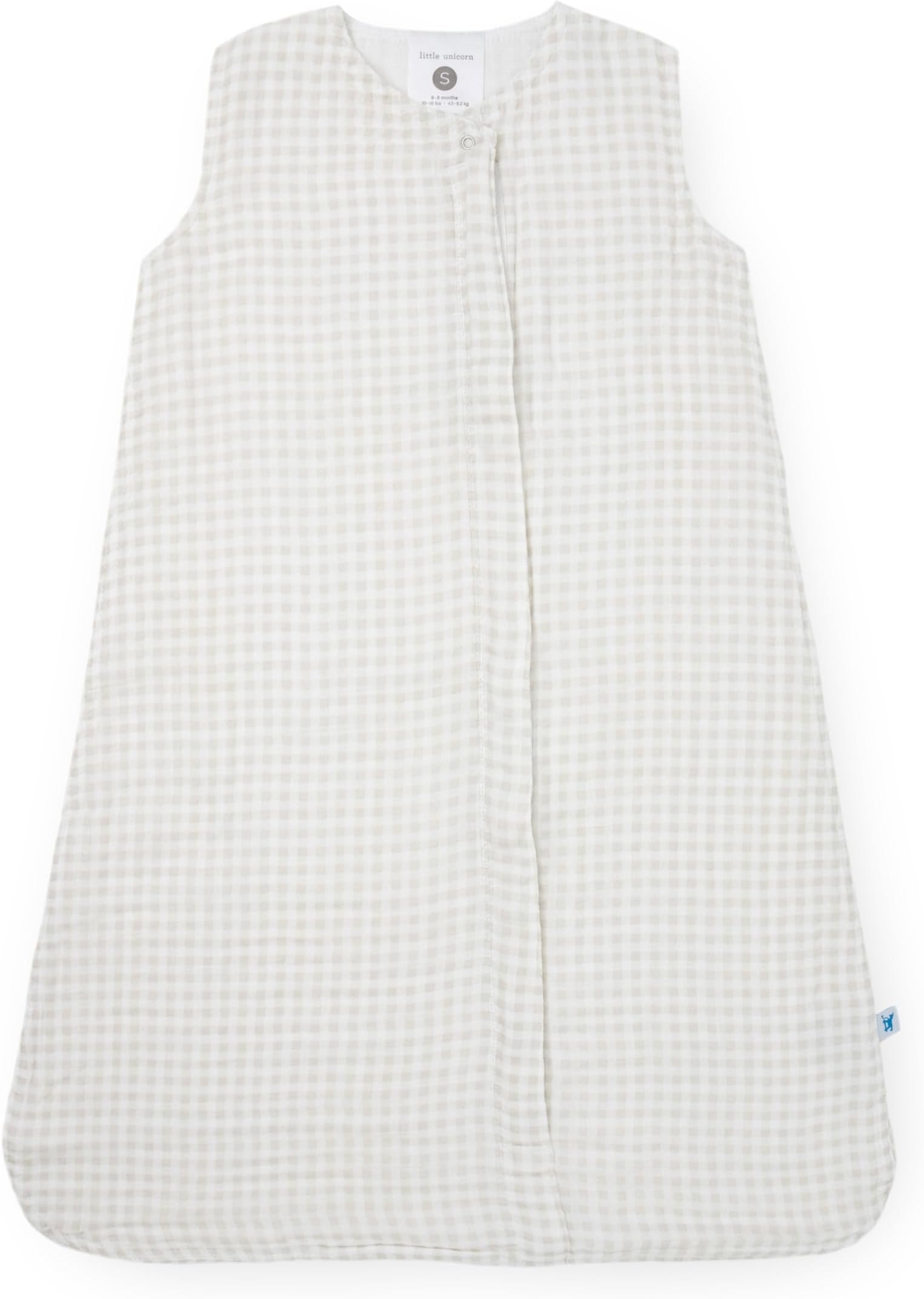 Little Unicorn Cotton Muslin Sleep Bag | 100% Cotton | Super Soft and Lightweight | Baby | Size Medium: 6-12 Months | Machine Washable | 1.1 TOG (Tan Gingham)