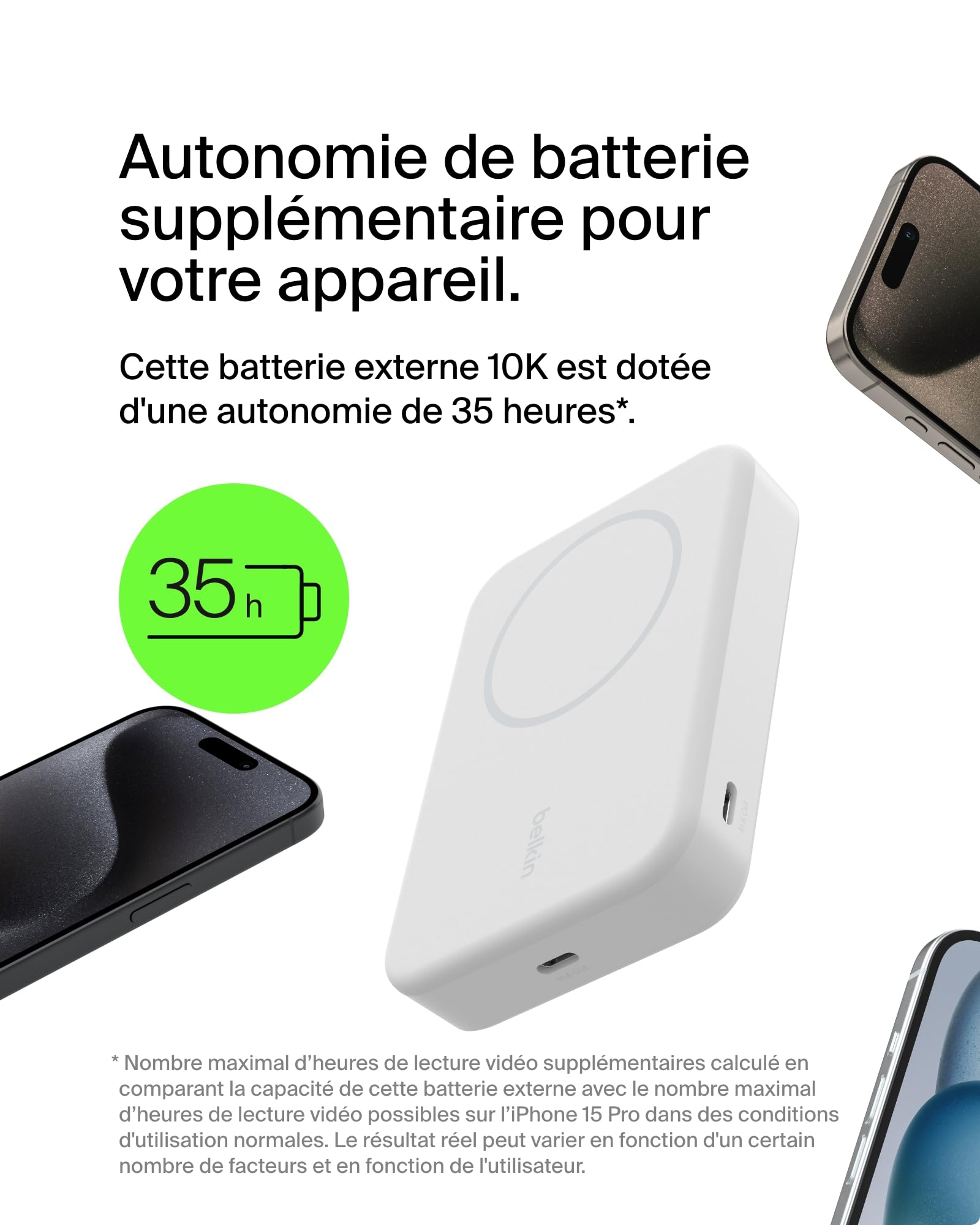 Belkin BoostCharge Pro Batterie Externe sans Fil 10 000 mAh avec Qi2 (Chargeur Portable Compatible MagSafe, Support intégré, pour iPhone 16, 16 Plus, 16 Pro, 16 Pro Max, iPhone 15, etc., Blanche)