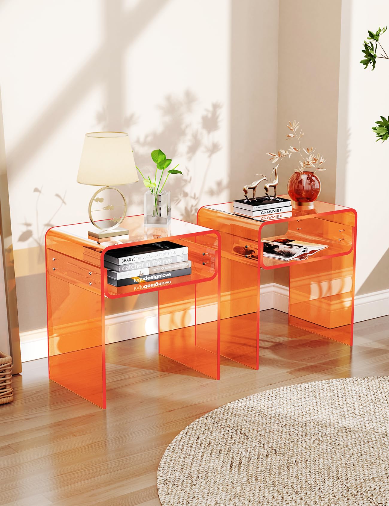 solaround Clear Acrylic End Table 2-Tier Bedside nightstand for Living Room Bedroom Home Decor (Orange Double)
