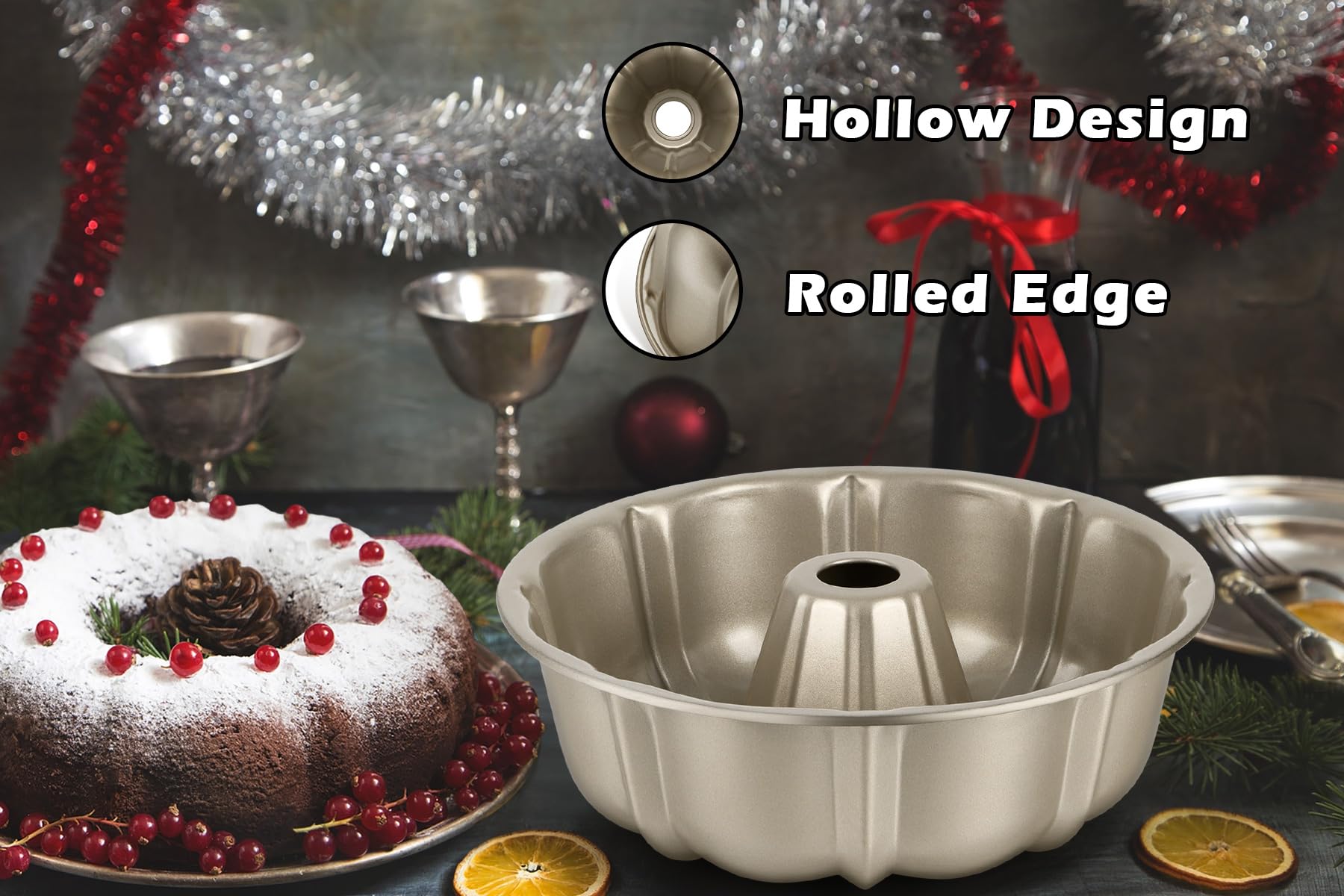 Leonyo Lot de 2 moules à gâteau cannelés antiadhésifs de 25,4 cm, robustes et antiadhésifs, en acier au carbone, pour la cuisson de gâteaux, passent au four, doré